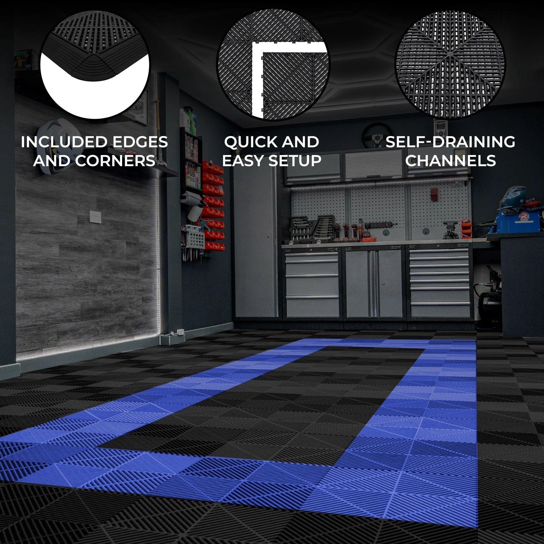 Monster Shop Vented Garage Floor Tiles With Edges – 165 Black & 60 Blue -