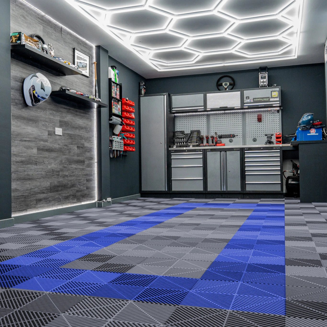 Vented Garage Floor Tiles With Edges – 90 Grey & 30 Blue by Monster Shop