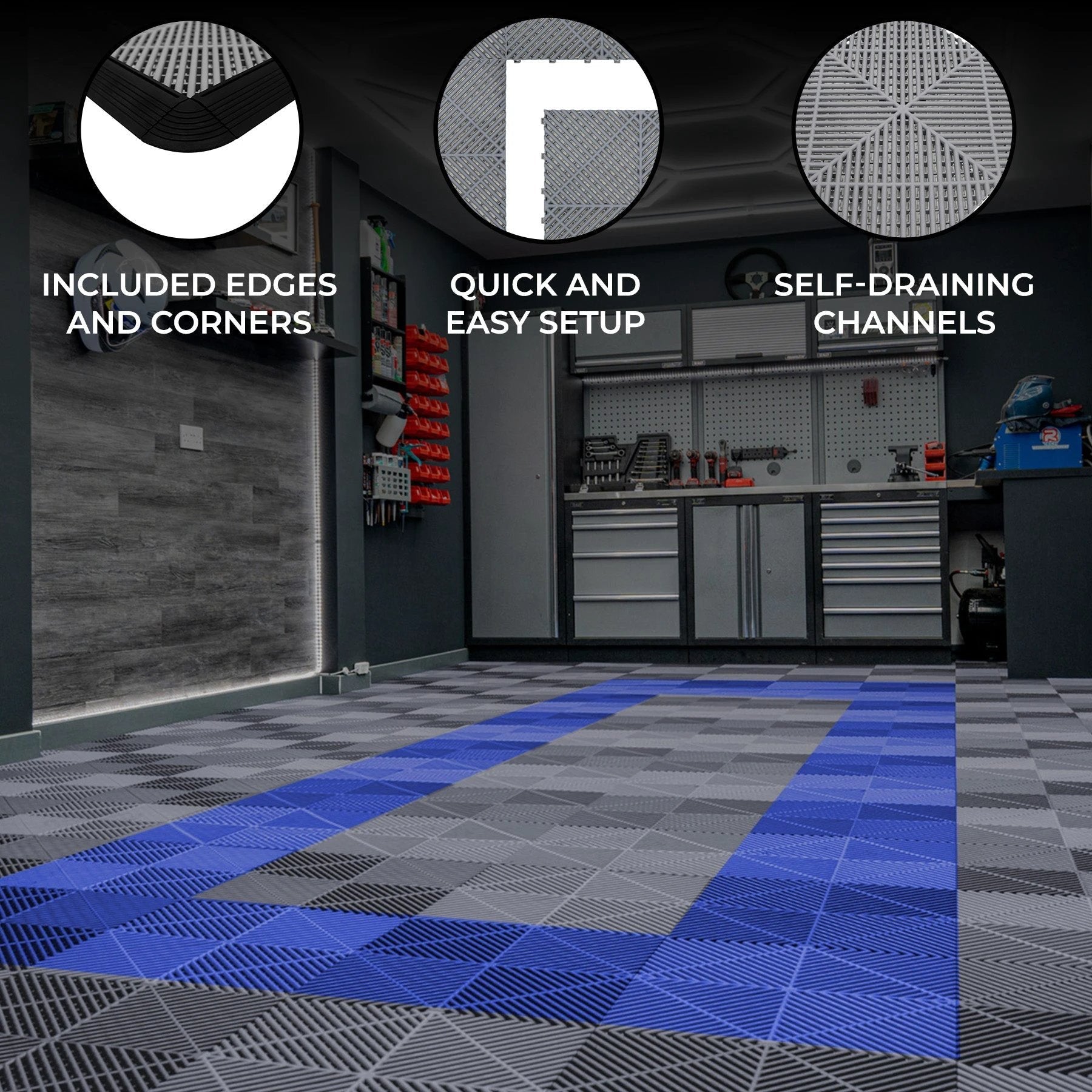 Monster Shop Vented Garage Floor Tiles With Edges – 165 Grey & 60 Blue -