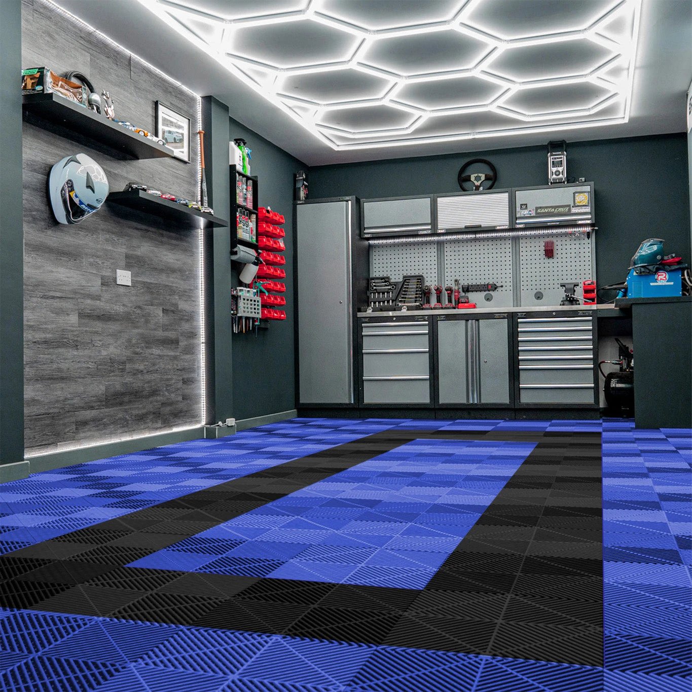 Monster Shop Vented Garage Floor Tiles With Edges – 90 Blue & 30 Black -