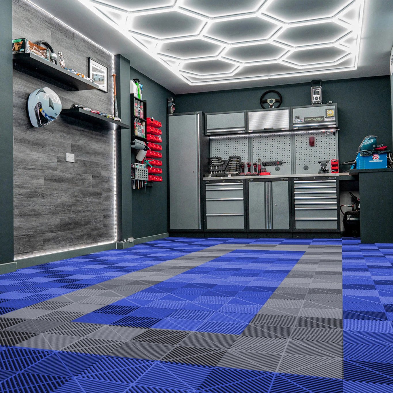 Monster Shop Vented Garage Floor Tiles With Edges – 90 Blue & 30 Grey -