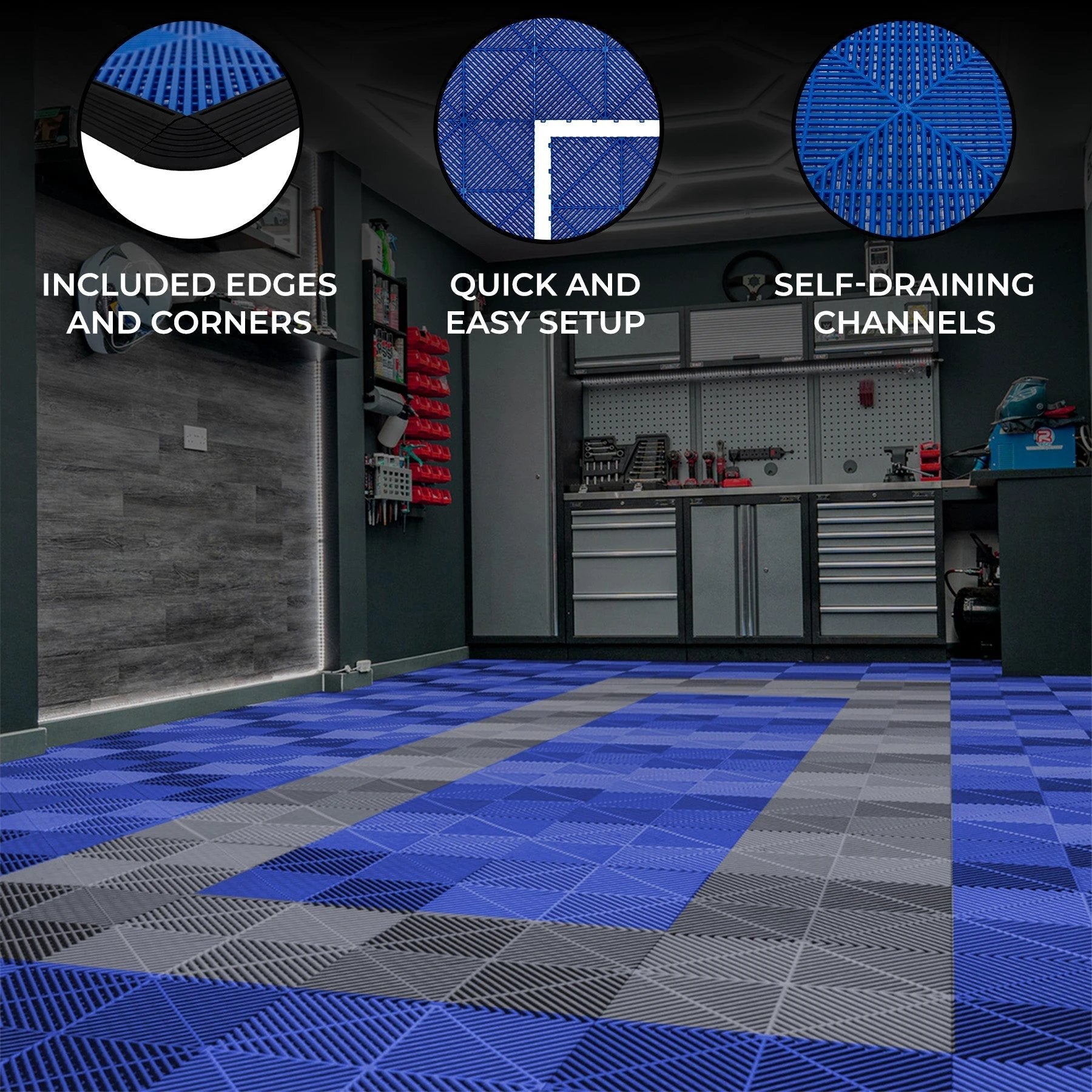 Monster Shop Vented Garage Floor Tiles With Edges – 90 Blue & 30 Grey -