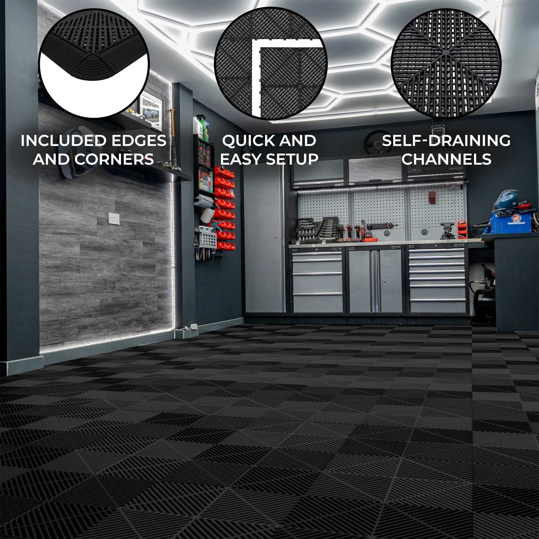 Monster Shop Vented Garage Floor Tiles x 225 With Edges - Black -