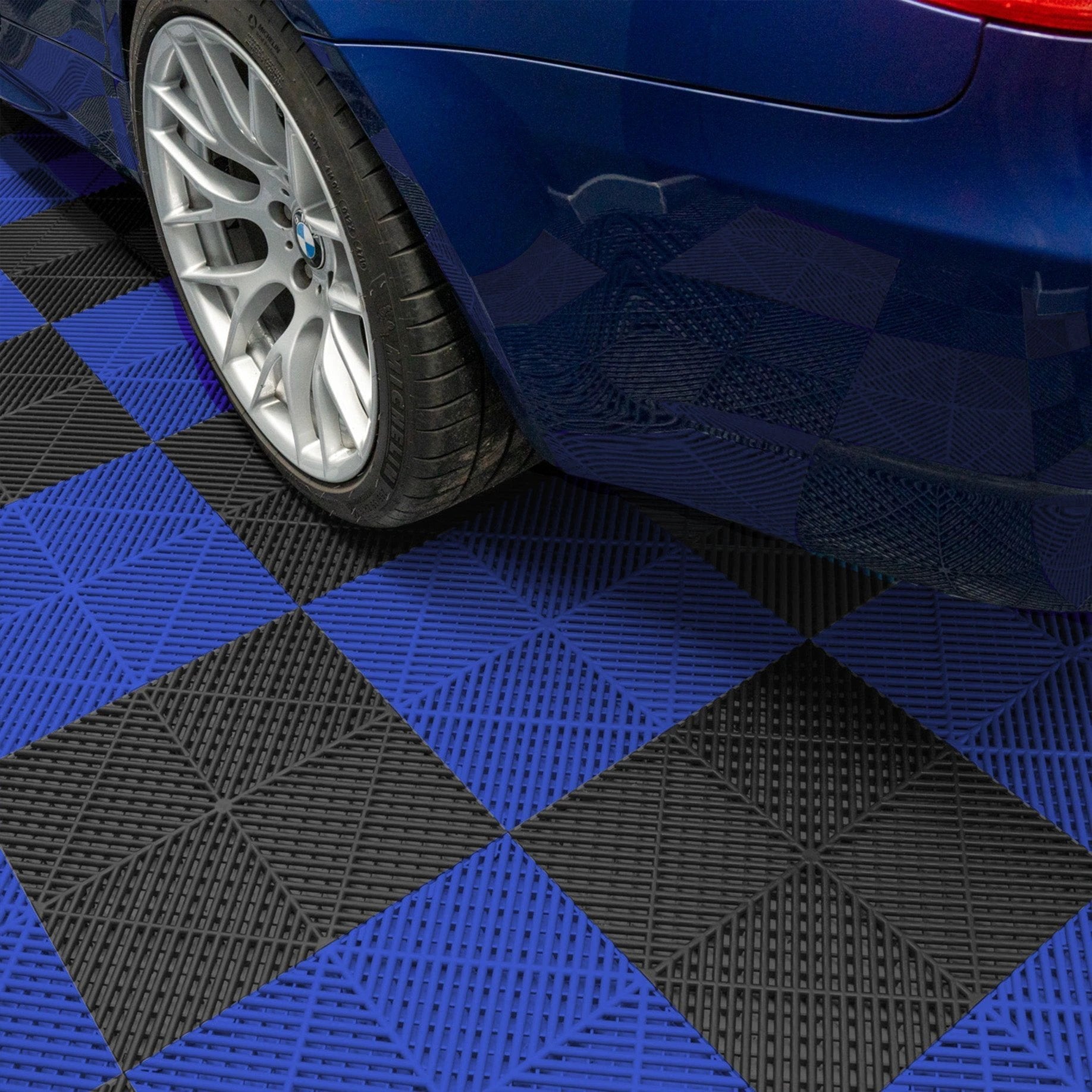 Vented Garage Floor Tiles With Edges – 120 Black & 120 Blue by Monster Shop