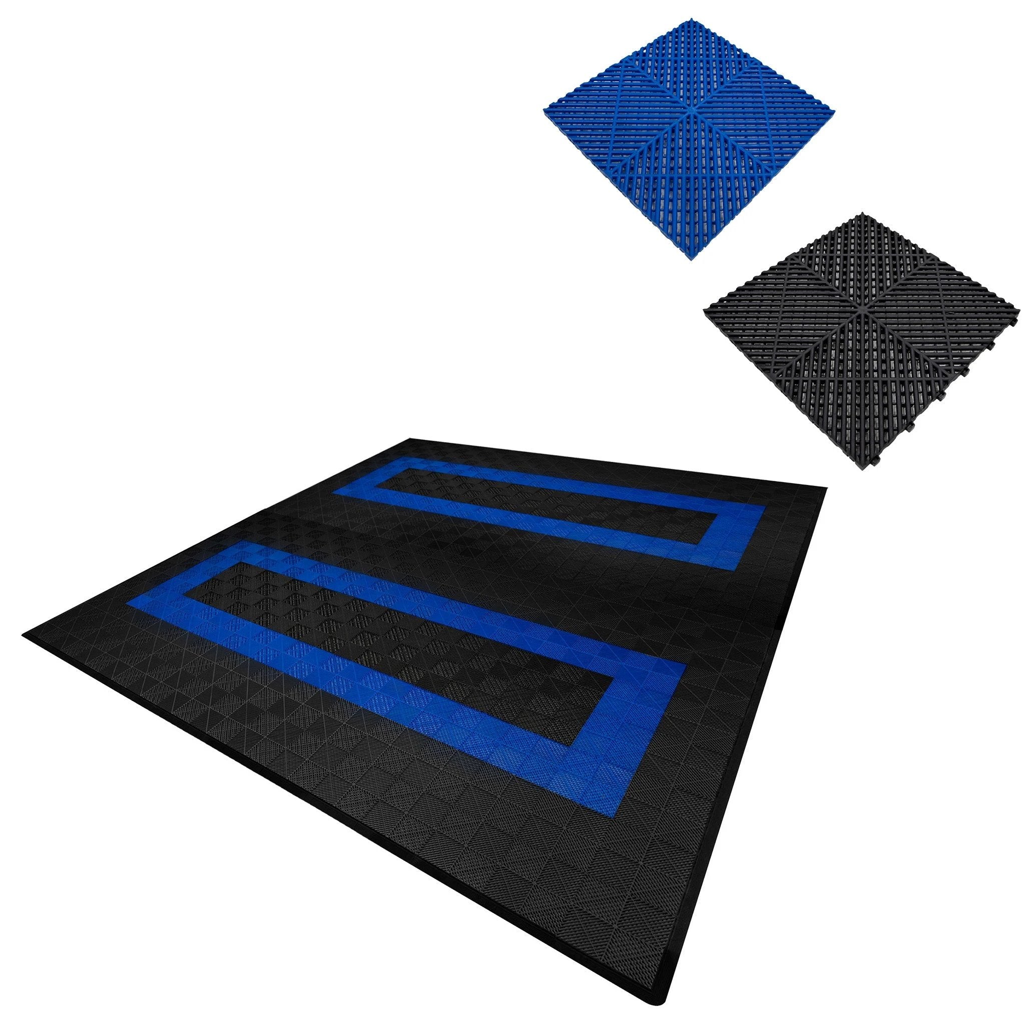 Monster Shop Vented Garage Floor Tiles With Edges – 165 Black & 60 Blue -