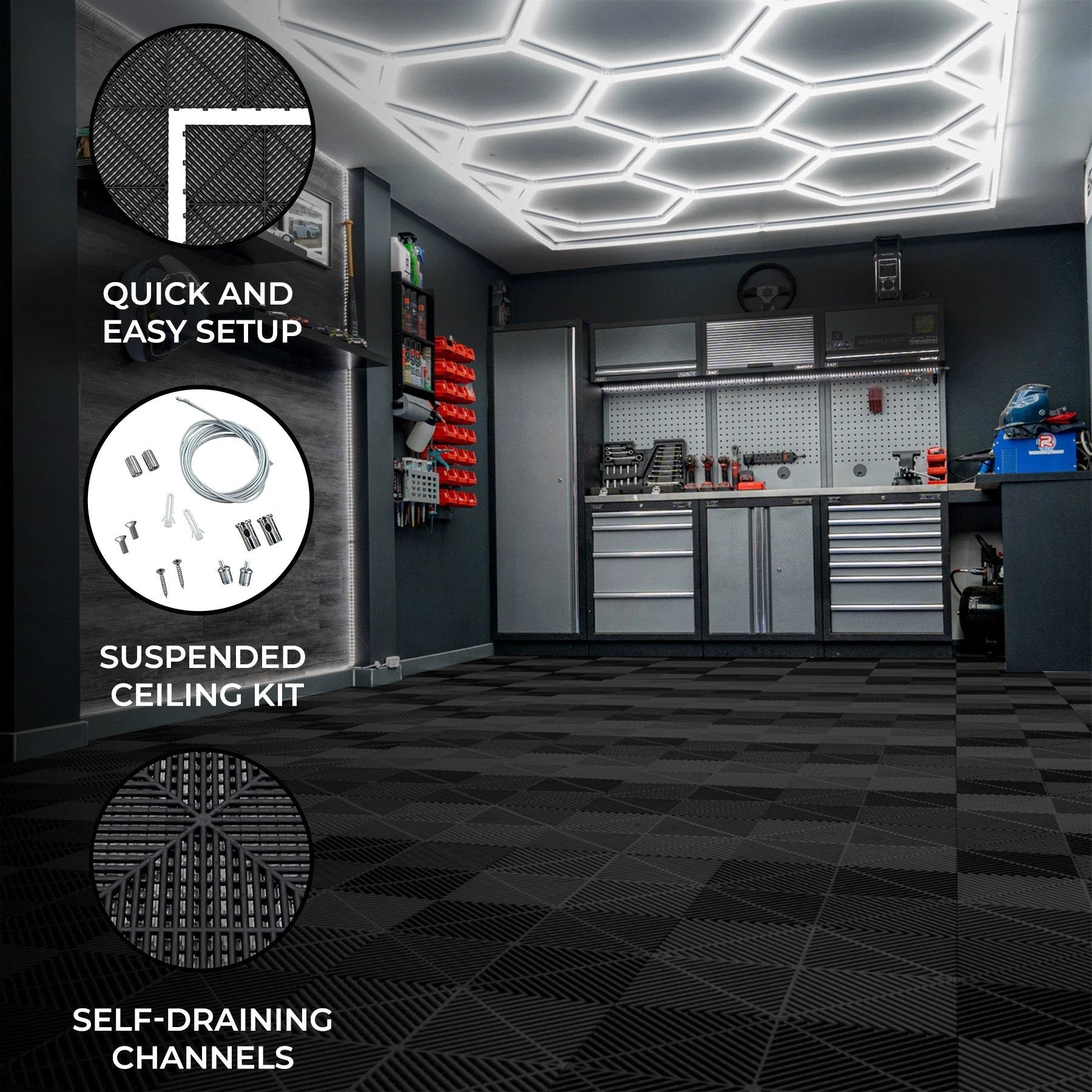 Hexagon LED Light & Vented Garage Floor Tiles x 120 With Edges - Black by Monster Shop