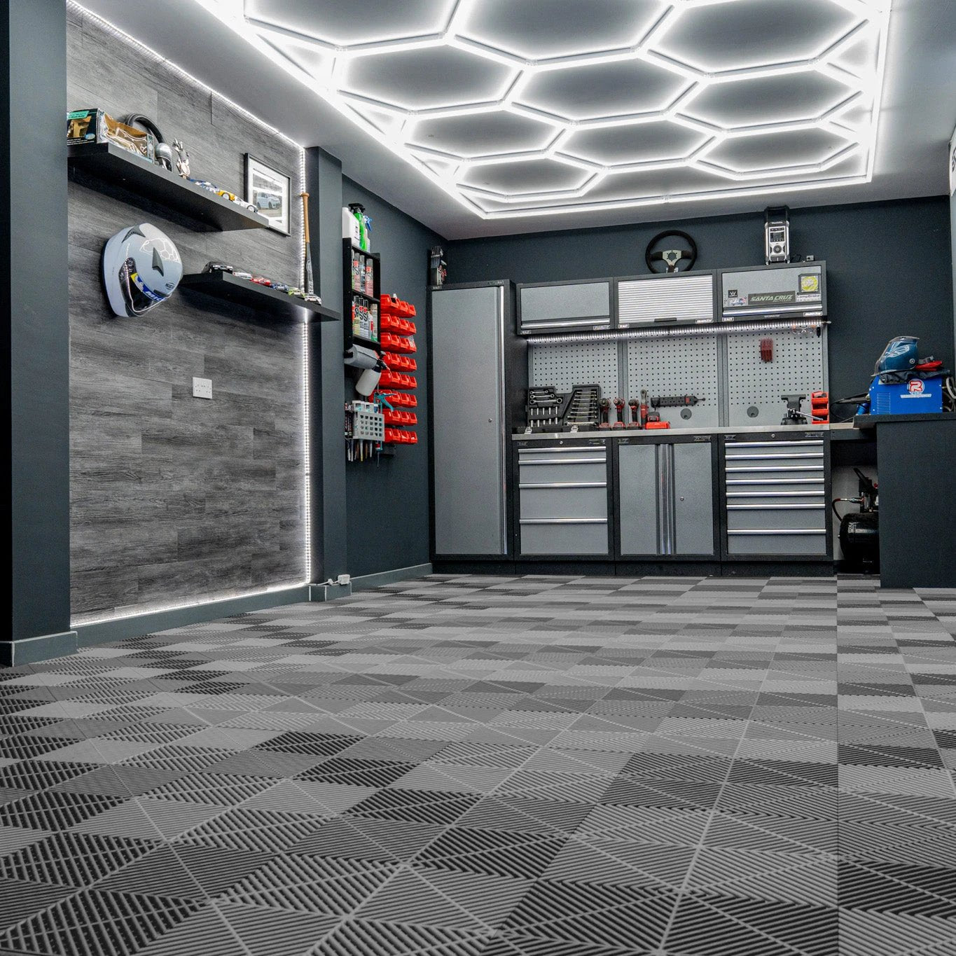 Monster Shop Hexagon LED Light & Vented Garage Floor Tiles x 120 With Edges - Grey -