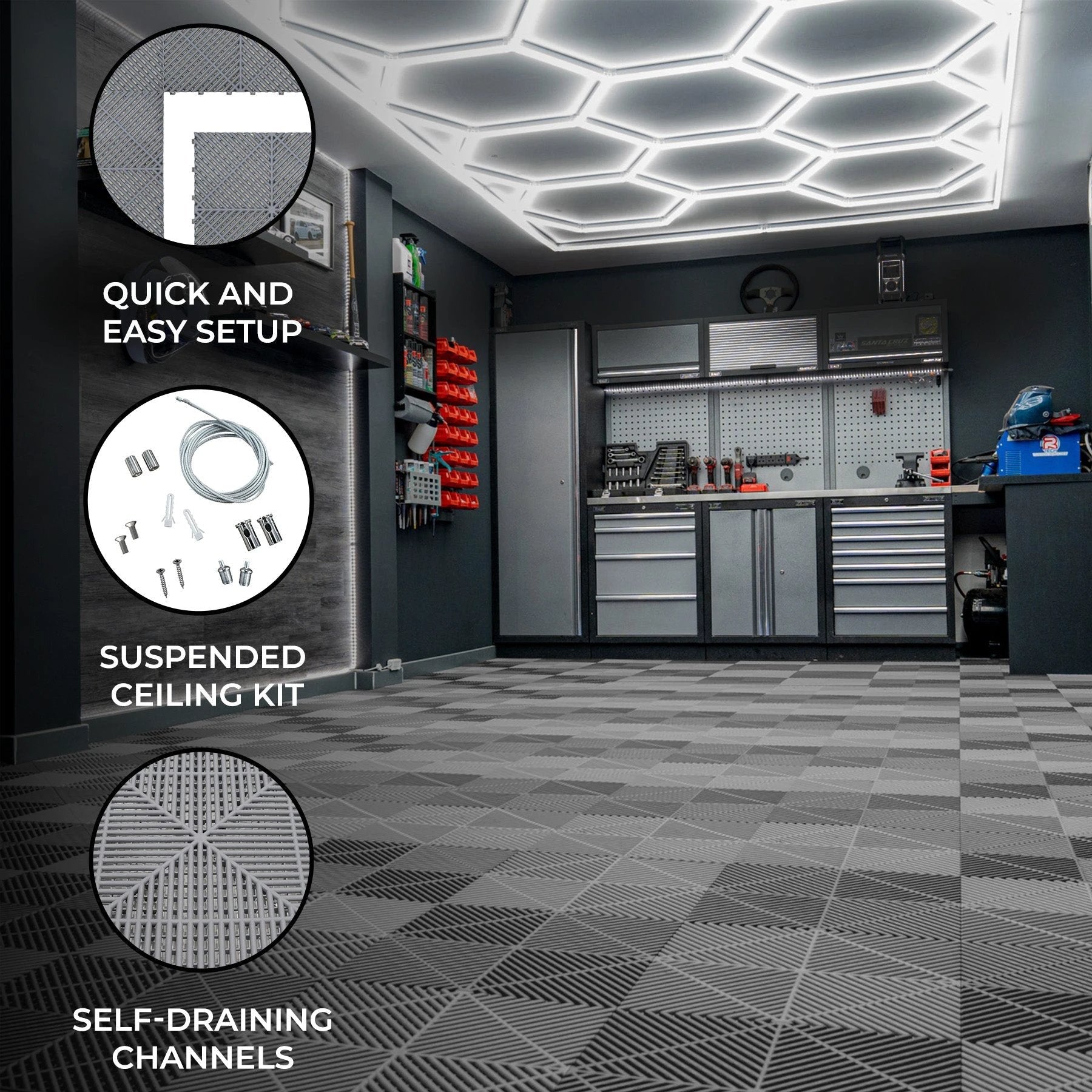 Monster Shop Hexagon LED Light & Vented Garage Floor Tiles x 120 With Edges - Grey -