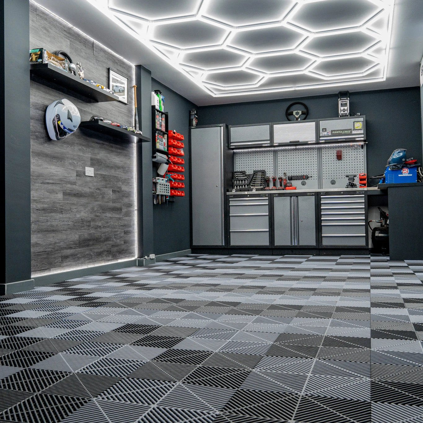 Monster Shop Hexagon LED Light & Vented Garage Floor Tiles With Edges - 60 Black & 60 Grey -