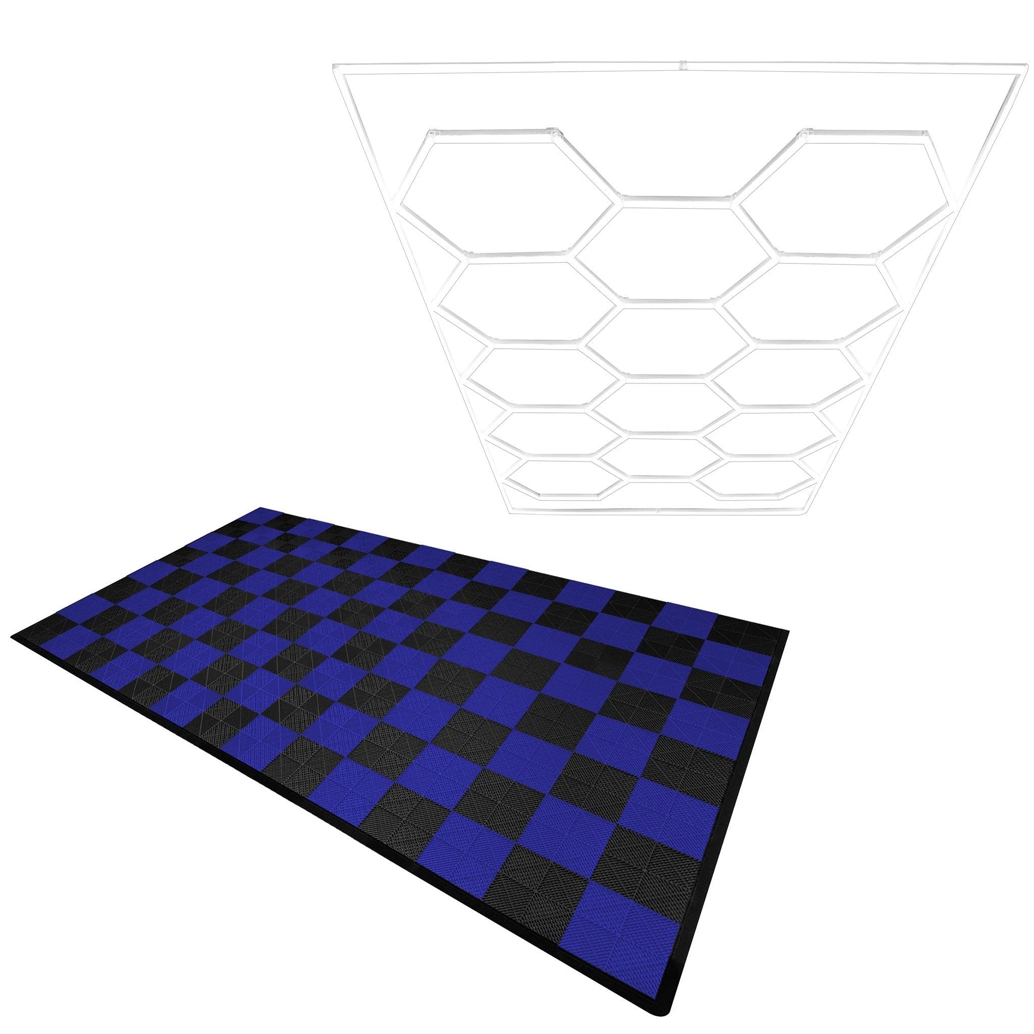 Hexagon LED Light & Vented Garage Floor Tiles With Edges - 60 Black & 60 Blue by Monster Shop