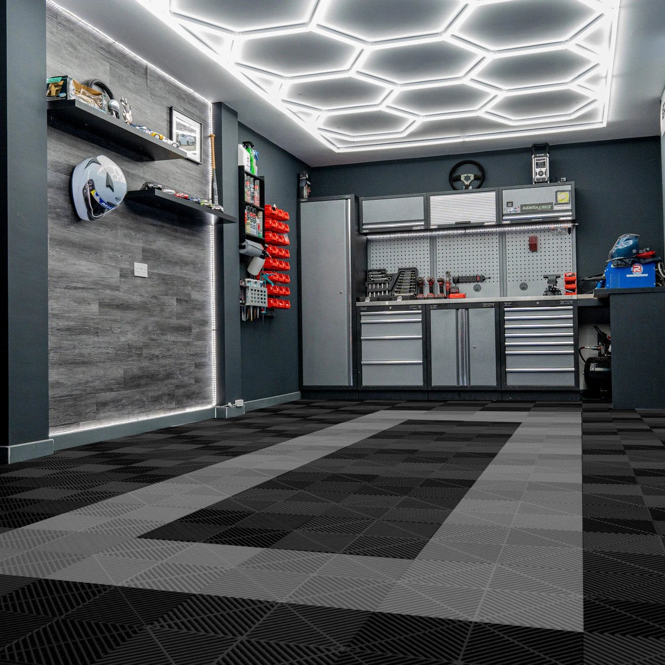 Hexagon LED Light & Vented Garage Floor Tiles With Edges - 90 Black & 30 Grey by Monster Shop