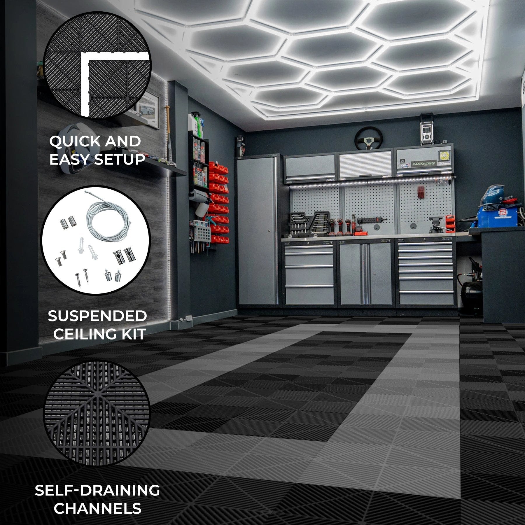 Hexagon LED Light & Vented Garage Floor Tiles With Edges - 90 Black & 30 Grey by Monster Shop