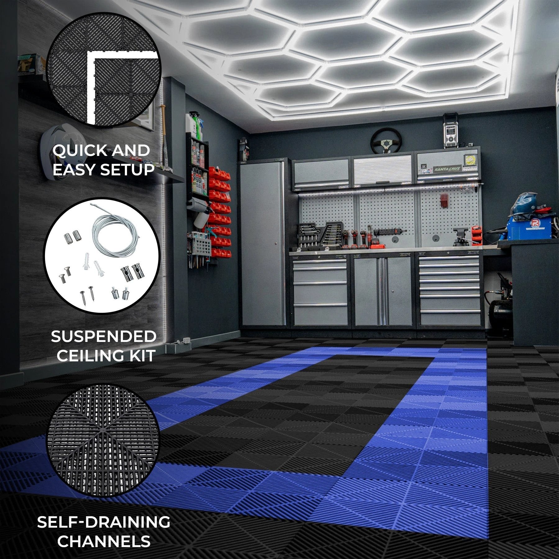 Hexagon LED Light & Vented Garage Floor Tiles With Edges - 90 Black & 30 Blue by Monster Shop