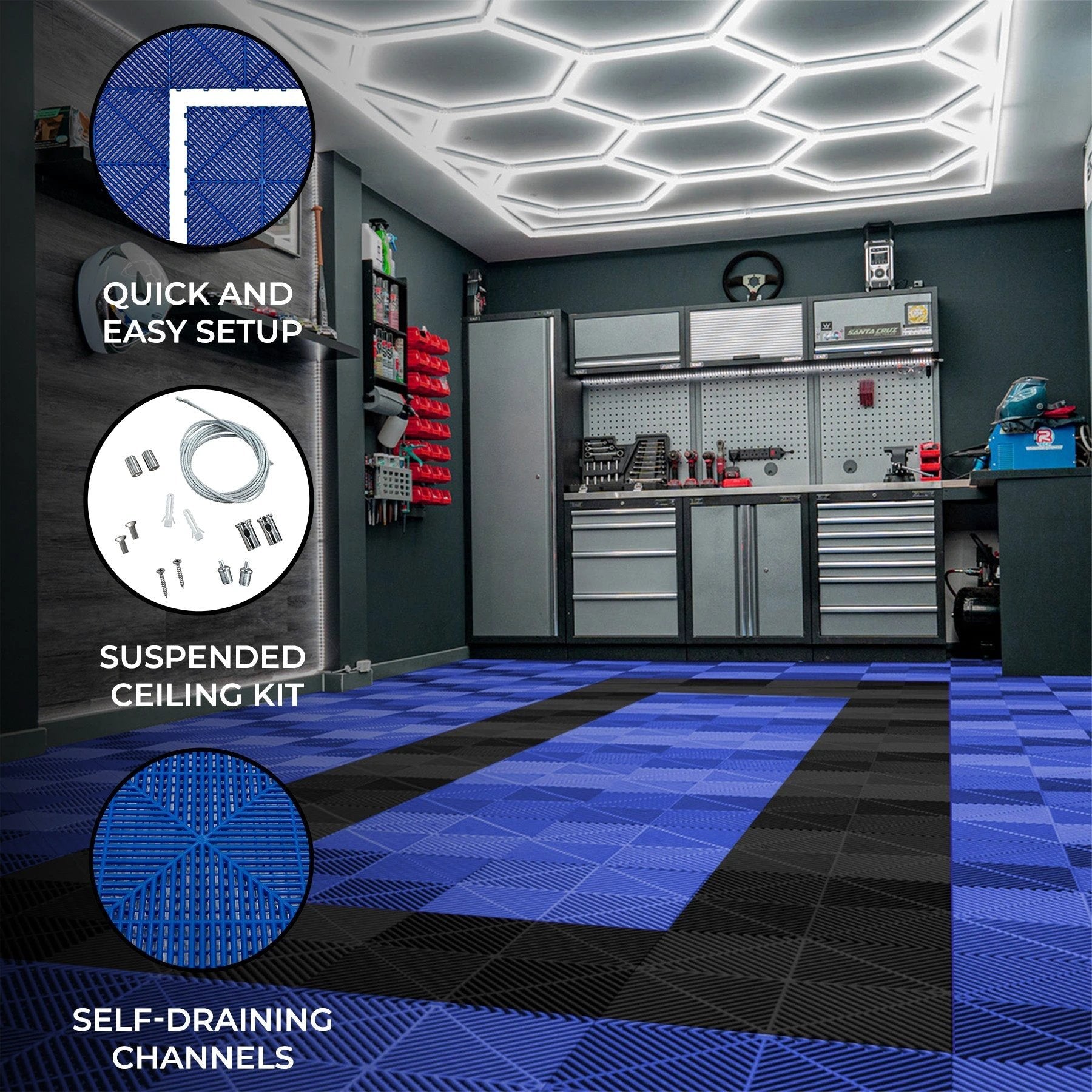 Monster Shop Hexagon LED Light & Vented Garage Floor Tiles With Edges - 90 Blue & 30 Black -