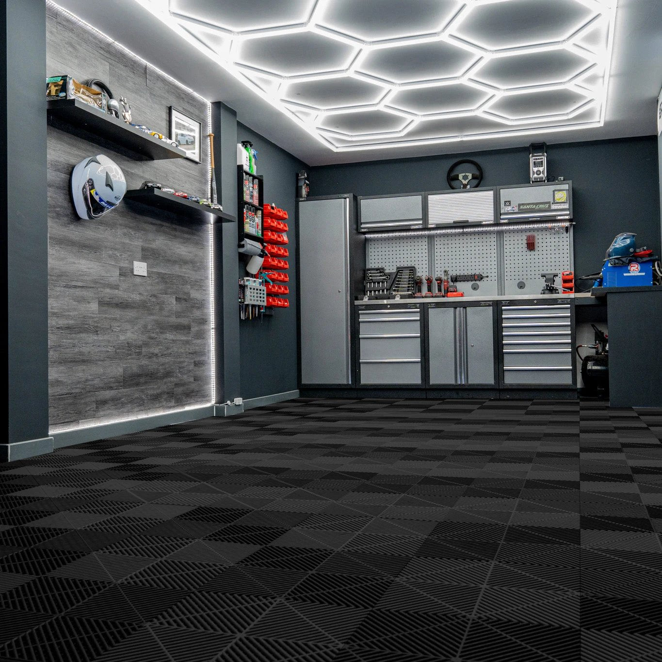 Hexagon LED Lights x 2 & Vented Garage Floor Tiles x 225 With Edges - Black by Monster Shop