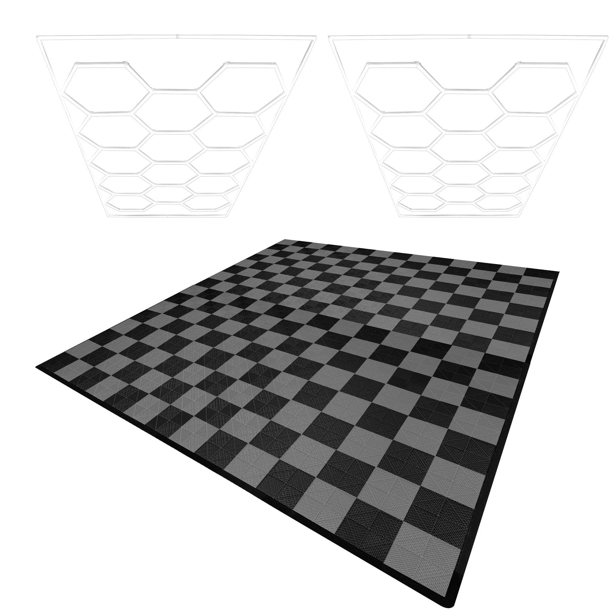 Monster Shop Hexagon LED Lights x 2 & Vented Garage Floor Tiles With Edges - 120 Black & 120 Grey -
