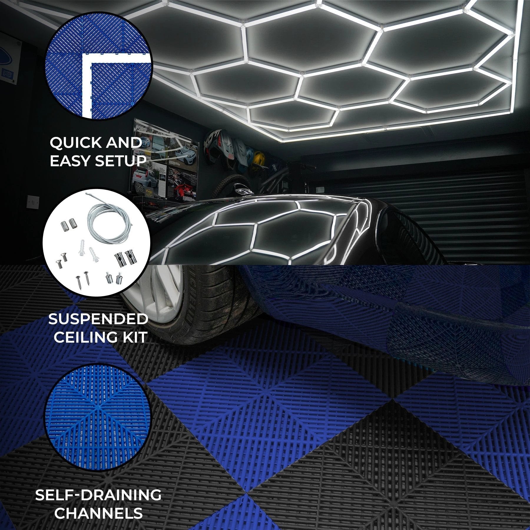 Monster Shop Hexagon LED Lights x 2 & Vented Garage Floor Tiles With Edges - 120 Black & 120 Blue -