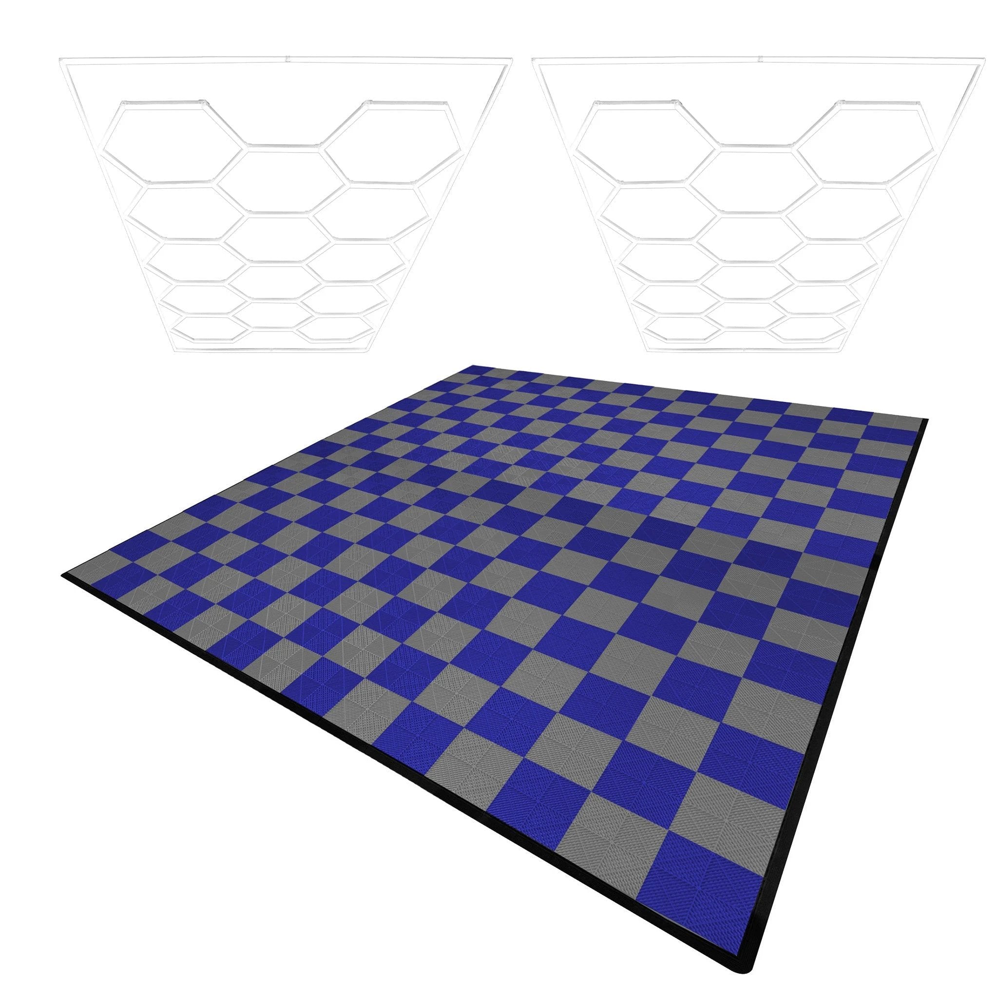 Monster Shop Hexagon LED Lights x 2 & Vented Garage Floor Tiles With Edges - 120 Grey & 120 Blue -