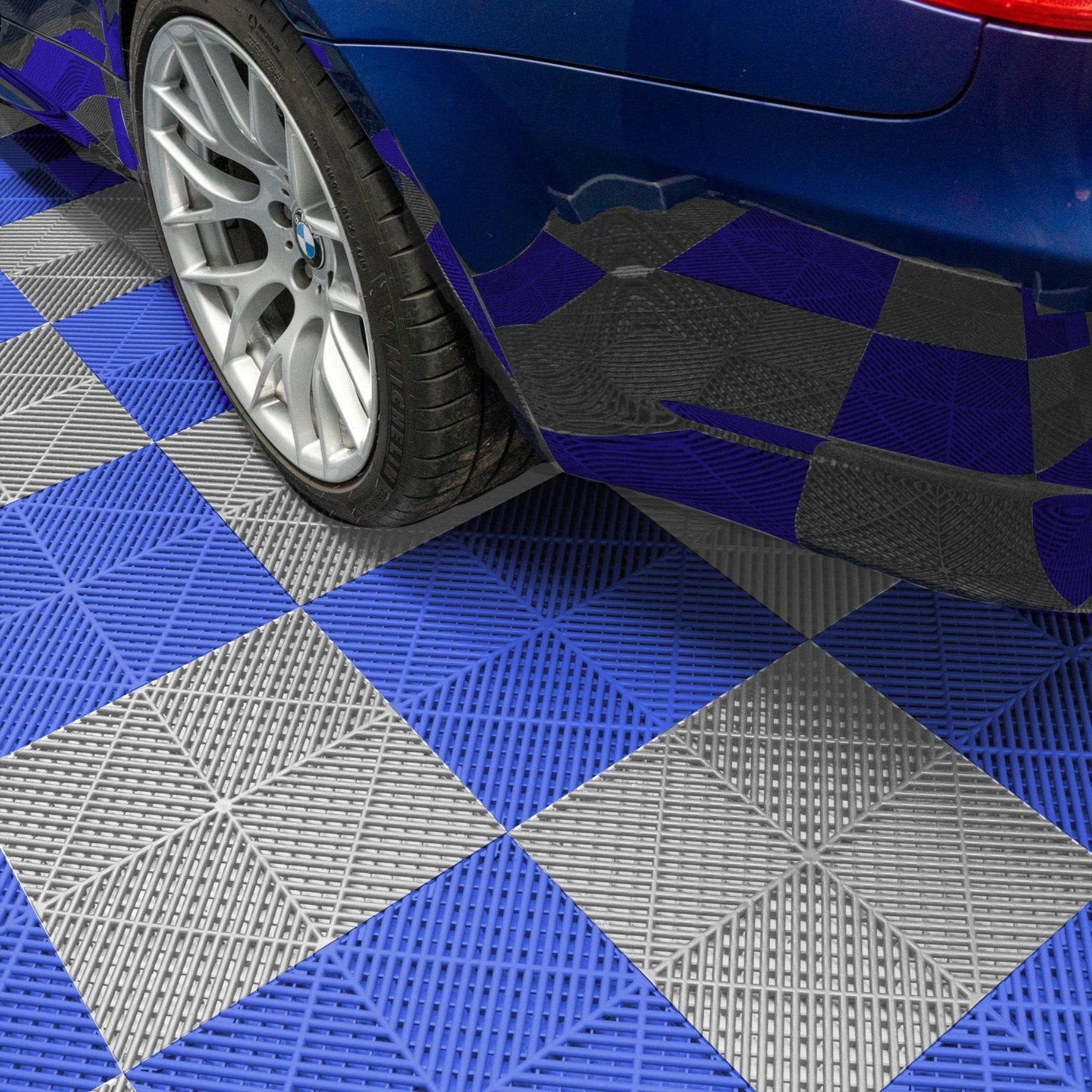Monster Shop Hexagon LED Lights x 2 & Vented Garage Floor Tiles With Edges - 120 Grey & 120 Blue -