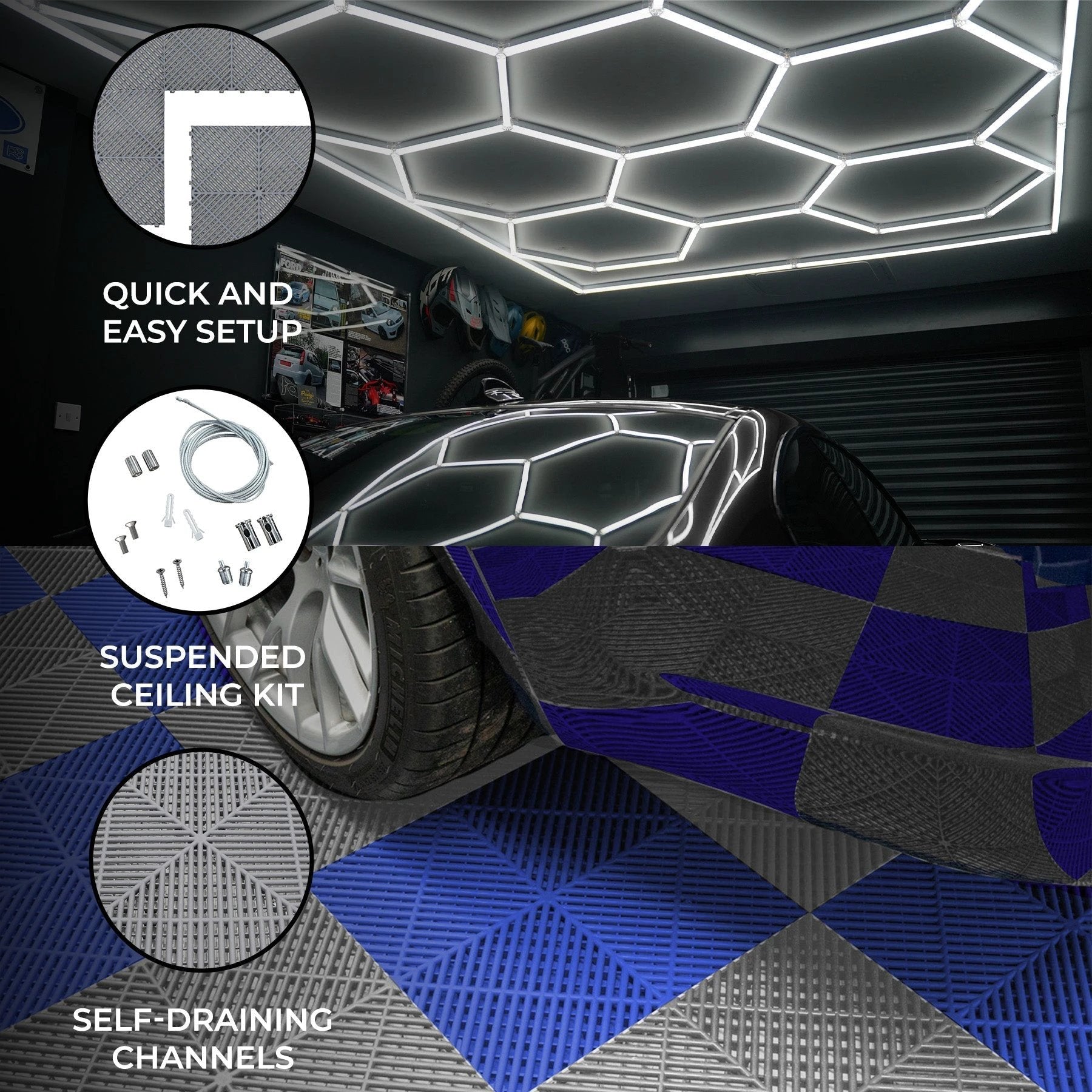 Monster Shop Hexagon LED Lights x 2 & Vented Garage Floor Tiles With Edges - 120 Grey & 120 Blue -