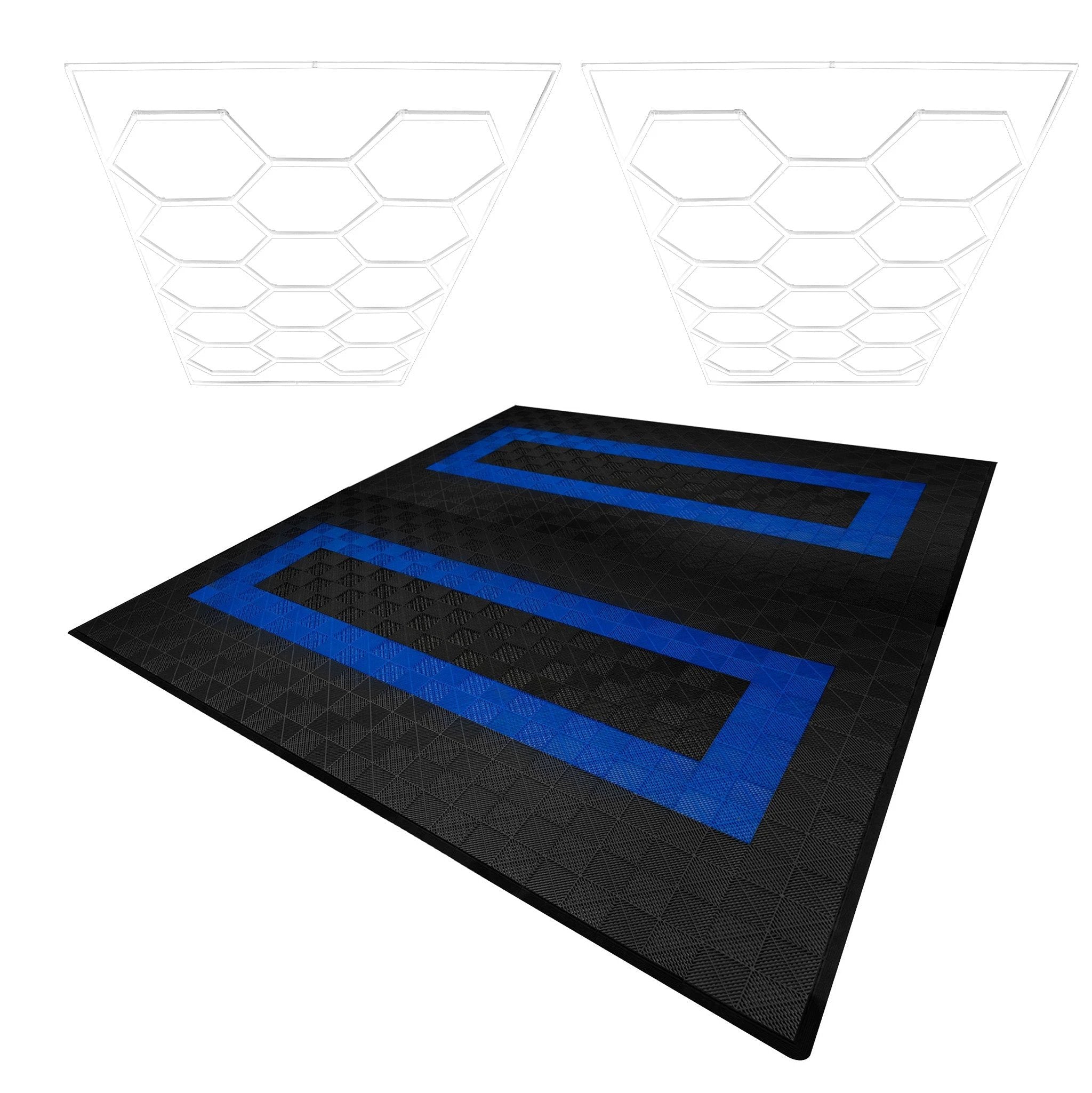 Hexagon LED Lights x 2 & Vented Garage Floor Tiles With Edges - 165 Black & 60 Blue by Monster Shop