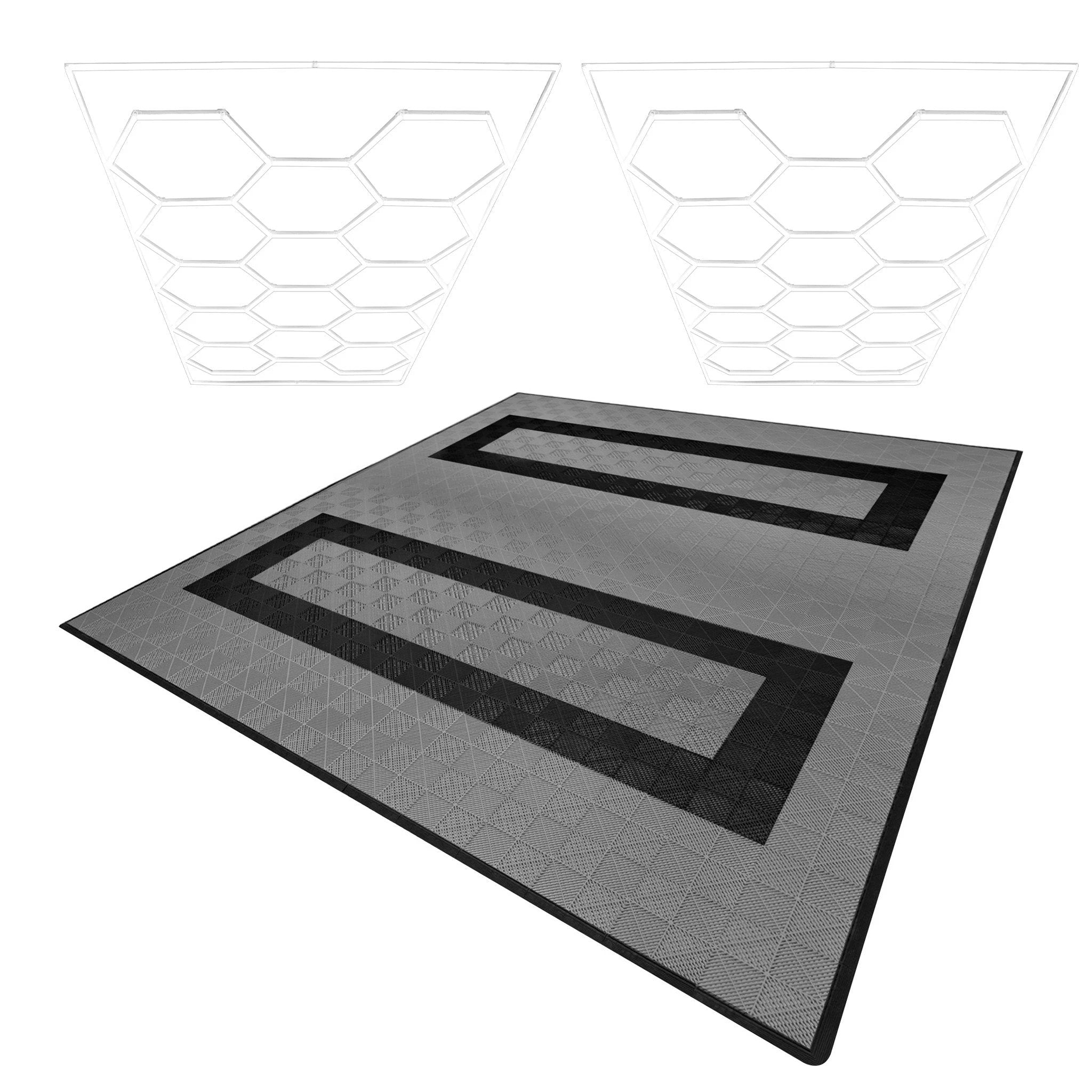 Hexagon LED Lights x 2 & Vented Garage Floor Tiles With Edges - 165 Grey & 60 Black by Monster Shop