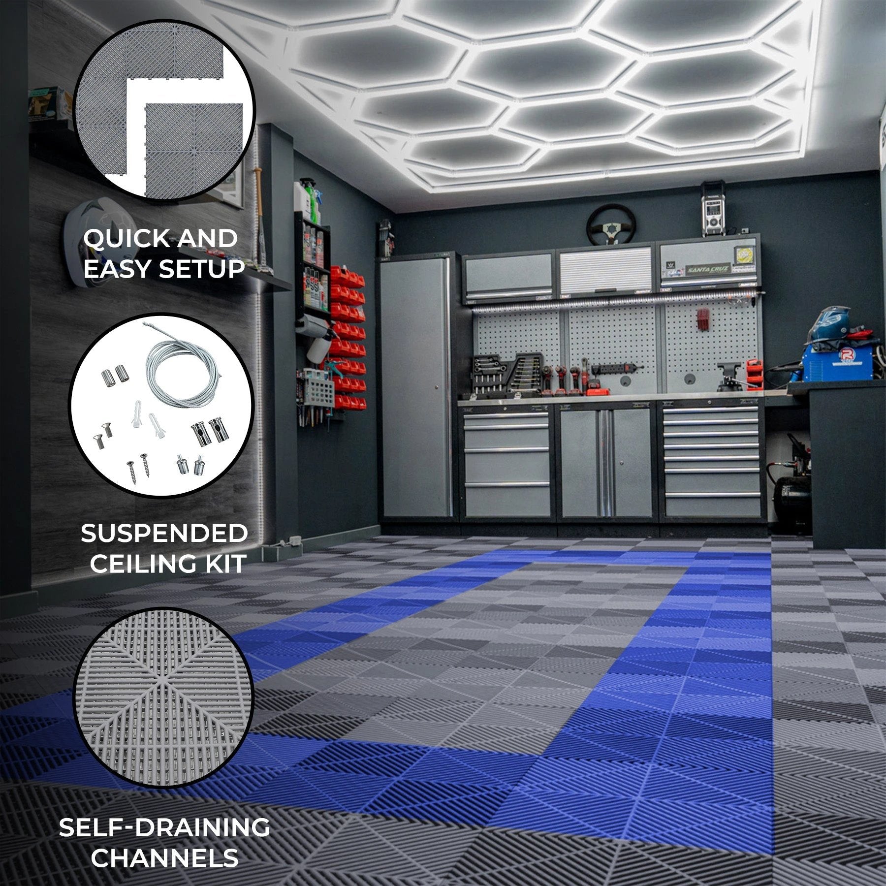 Hexagon LED Lights x 2 & Vented Garage Floor Tiles With Edges - 165 Grey & 60 Blue by Monster Shop