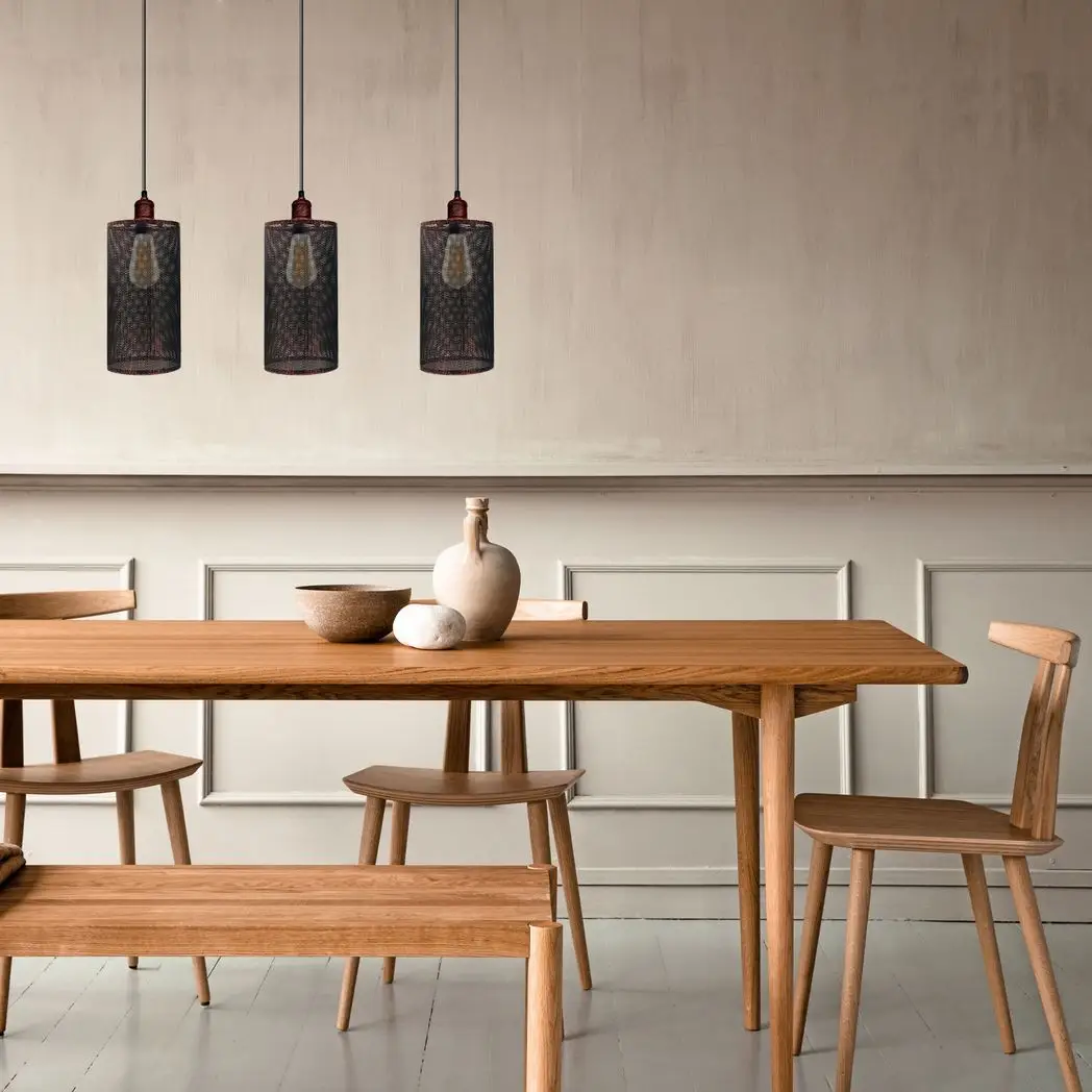 Un-branded Vintage Industrial Rustic Red 3 Head Reactangle Pendant Cord E27 Base Metal Brushed Light Fitting Barel Cage Lamp Shade - Pendant Lights