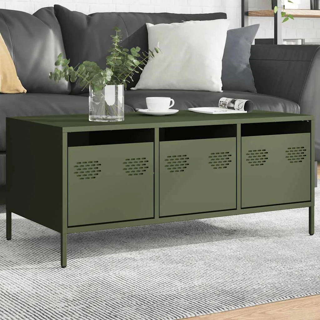 vidaXL VidaXL Industrial Coffee Table 101.5x50x43.5 cm Cold Rolled Steel Olive Green Storage Cabinets For Living Room - Coffee Table