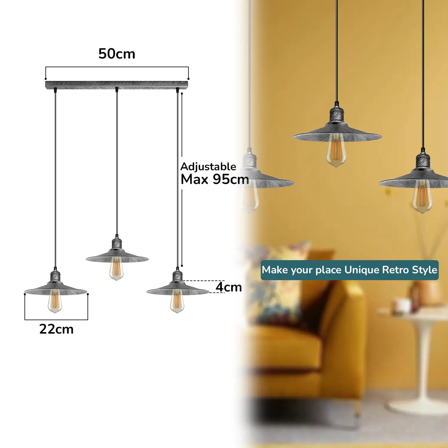 LEDSONE 3 Head Rectangle Base Vintage Ceiling Pendant Light Shade Hanging Lamp - Pendant Lights