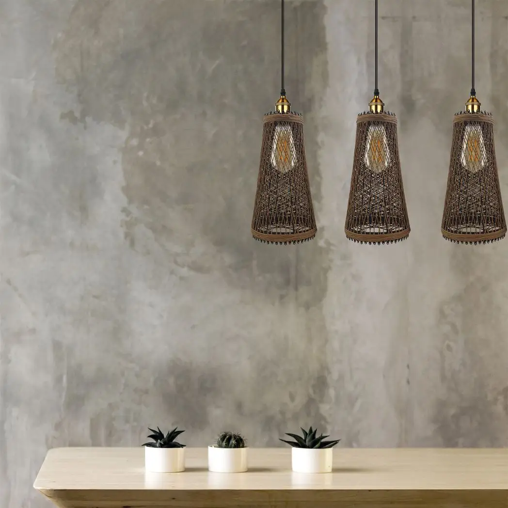 LEDSONE 3 Head Natural Wicker Basket Style Retro Industrial Vintage Rattan Ceiling Pendant - Pendant Lights