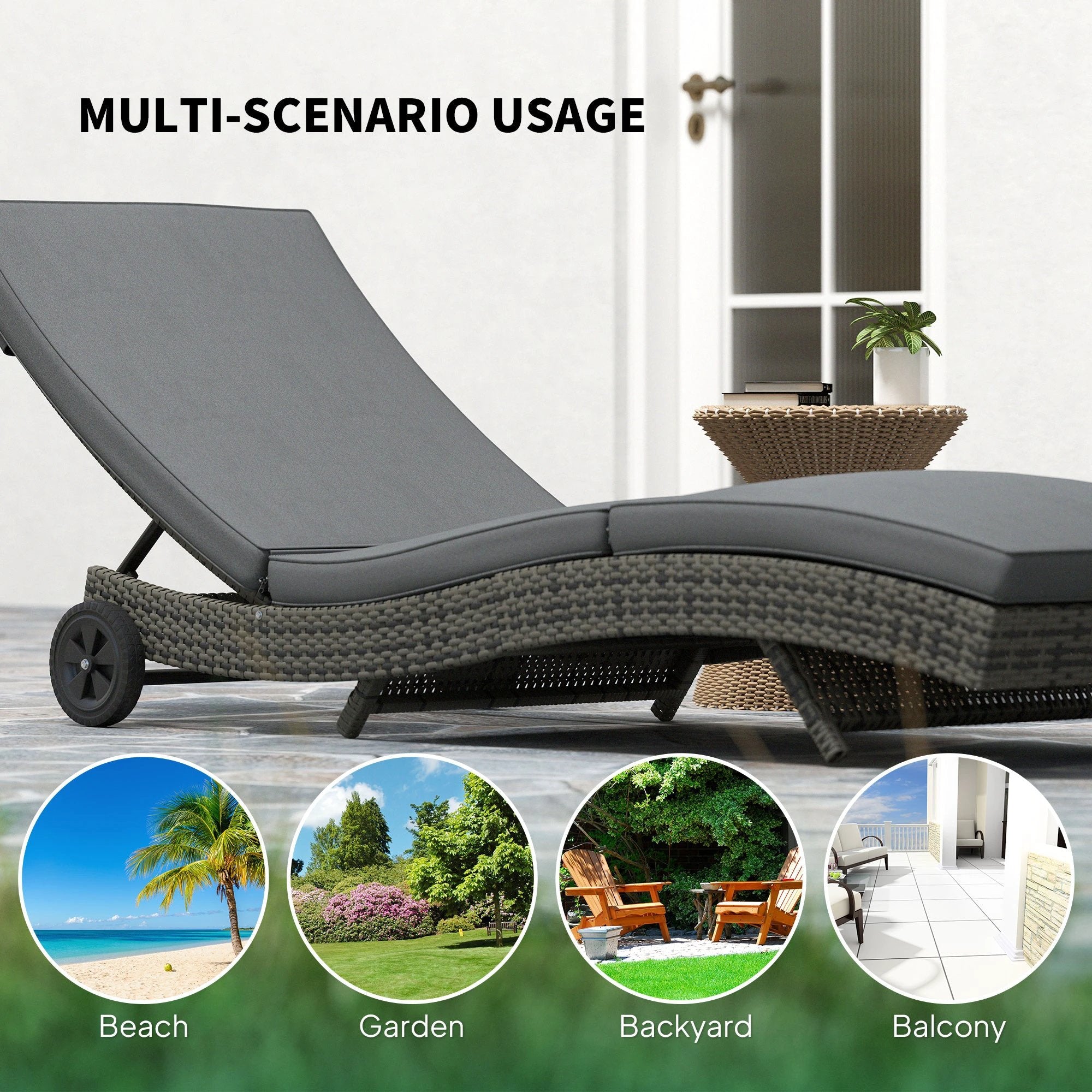 Outsunny Outdoor Rattan Sun Lounger with Reclining Back, Wheels, Dark Grey by Outsunny