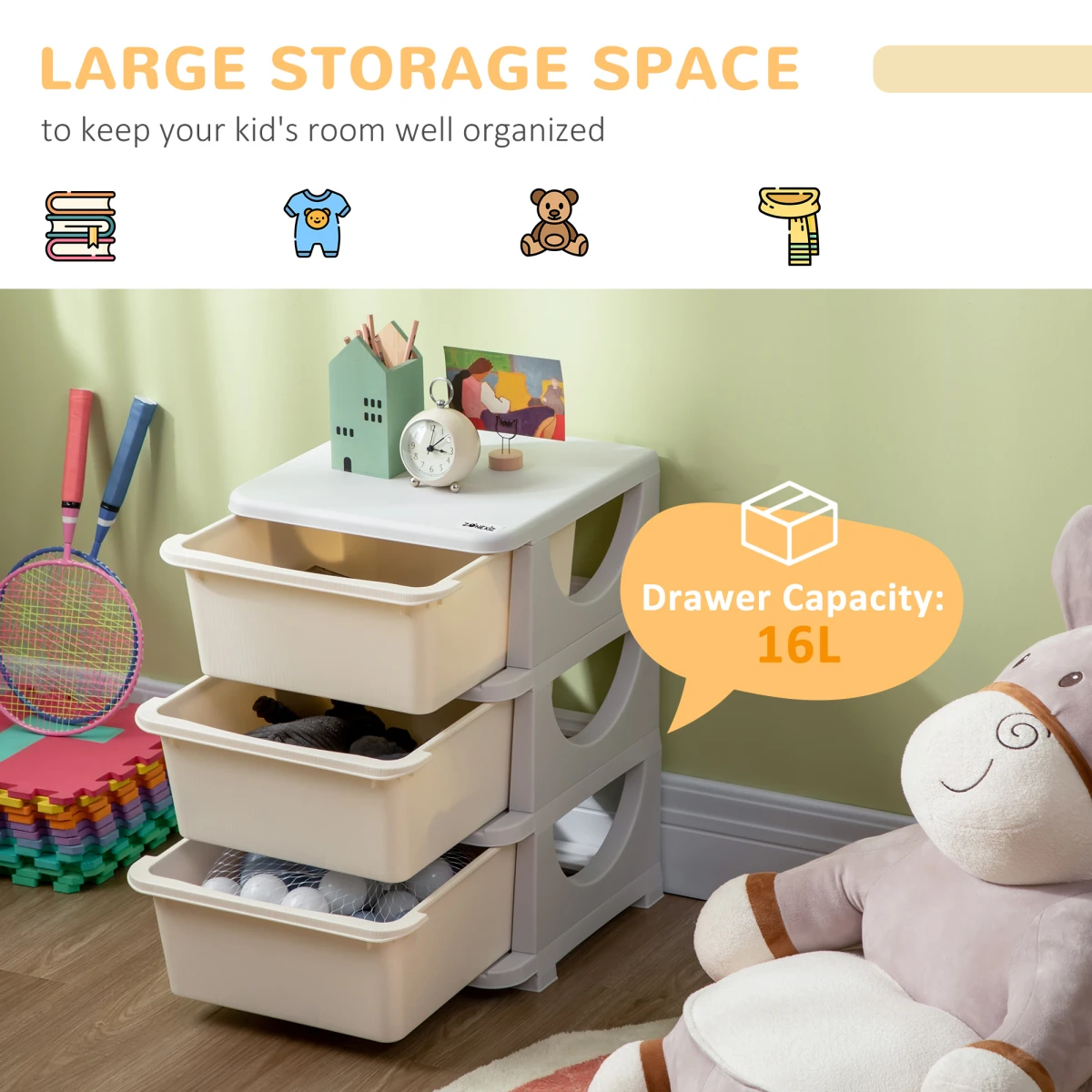 Homcom HOMCOM Kids Storage Unit Three Drawer Stable Base - Chest of Drawers