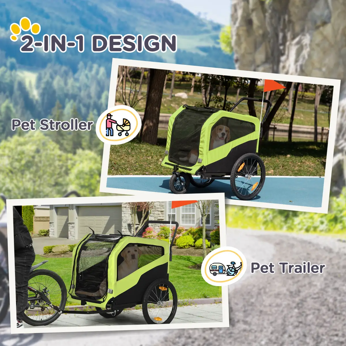 PawHut 2 in 1 Dog Bike Trailer Pet Stroller for Large Dogs W/ Hitch - Green - Pet Carrier