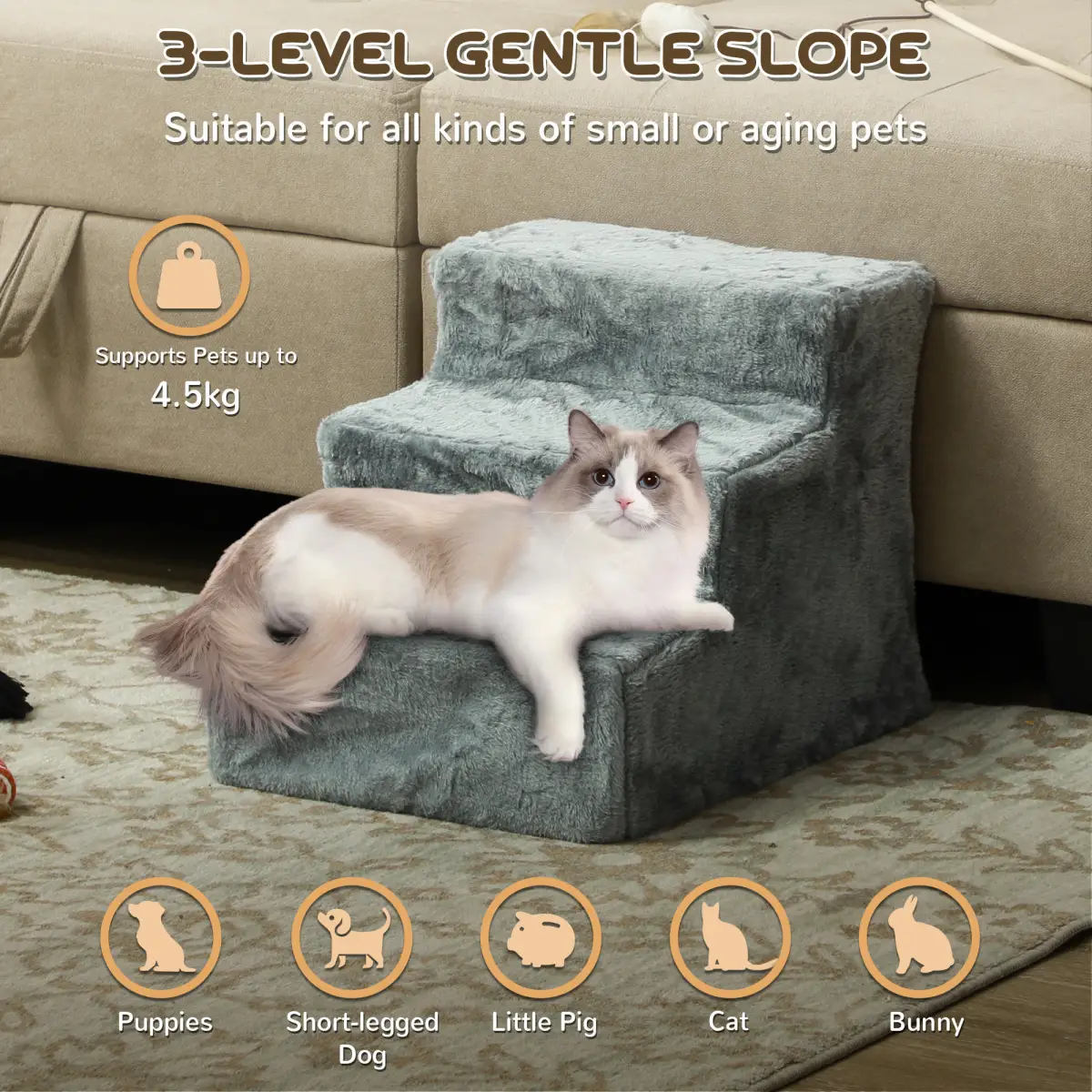 PawHut PawHut Three-Step Portable Dog Stairs with Washable Plush Cover, for Small Pets - Dog Steps