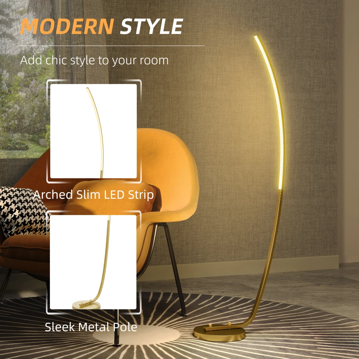 HOMCOM Standing Floor Lamp 147cm Slim Arched Design for Living Room by HOMCOM