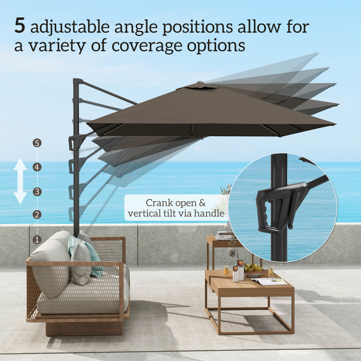 Outsunny Outsunny Square Cantilever Roma Parasol 360° Rotation w/ Hand Crank, Tan - Parasol