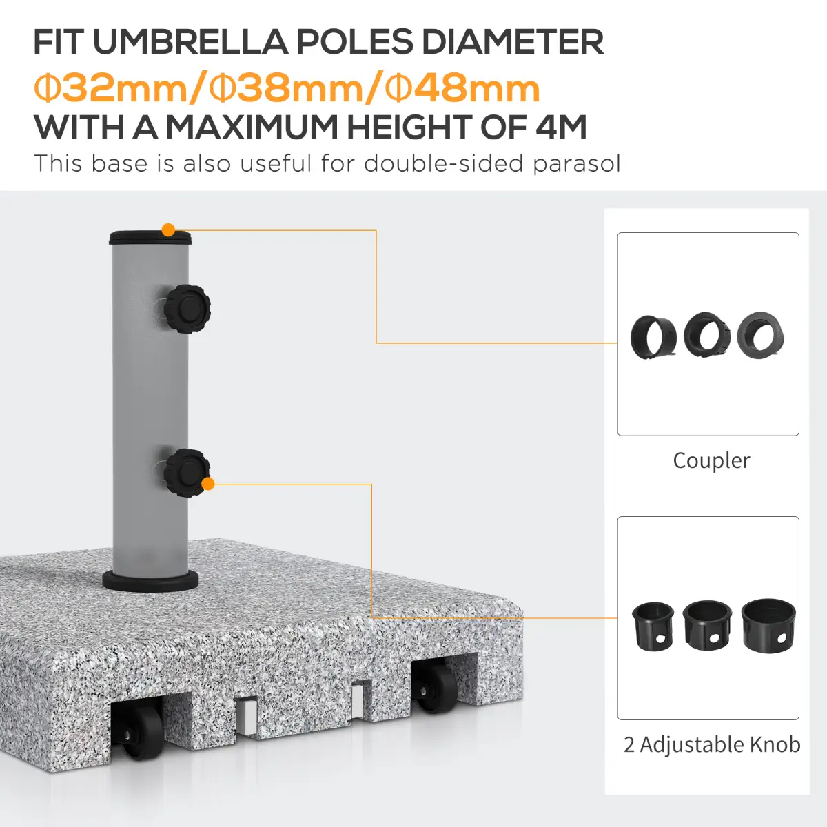 Outsunny Outsunny 28kg Heavy Duty Granite Parasol Base with Wheels, Retractable Handle - Parasol