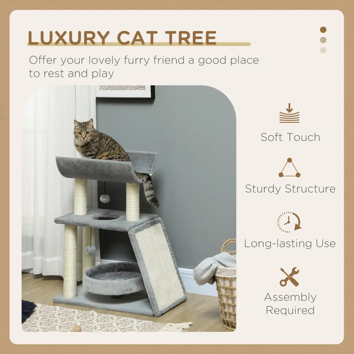 PawHut Cat Tree Tower for Indoor Cats w/ Scratching Posts, Pad, Light Grey, Toy Ball - Cat Tree