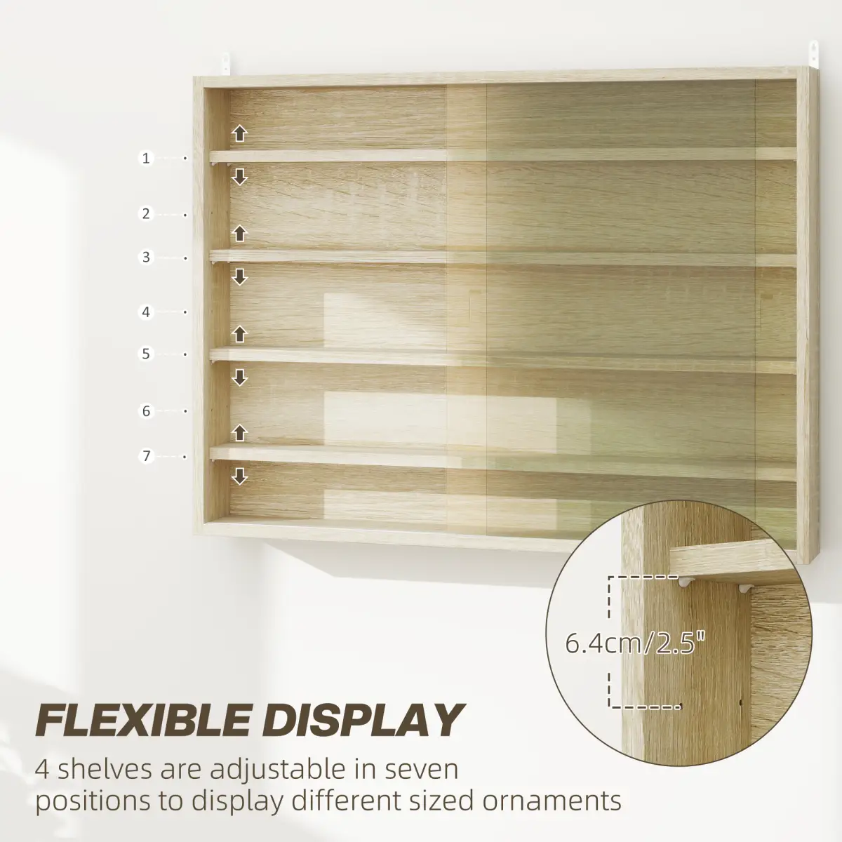HOMCOM HOMCOM 5-Tier Wall Display Shelf Unit Cabinet w/ Shelves Glass Doors Oak - Display Cabinet