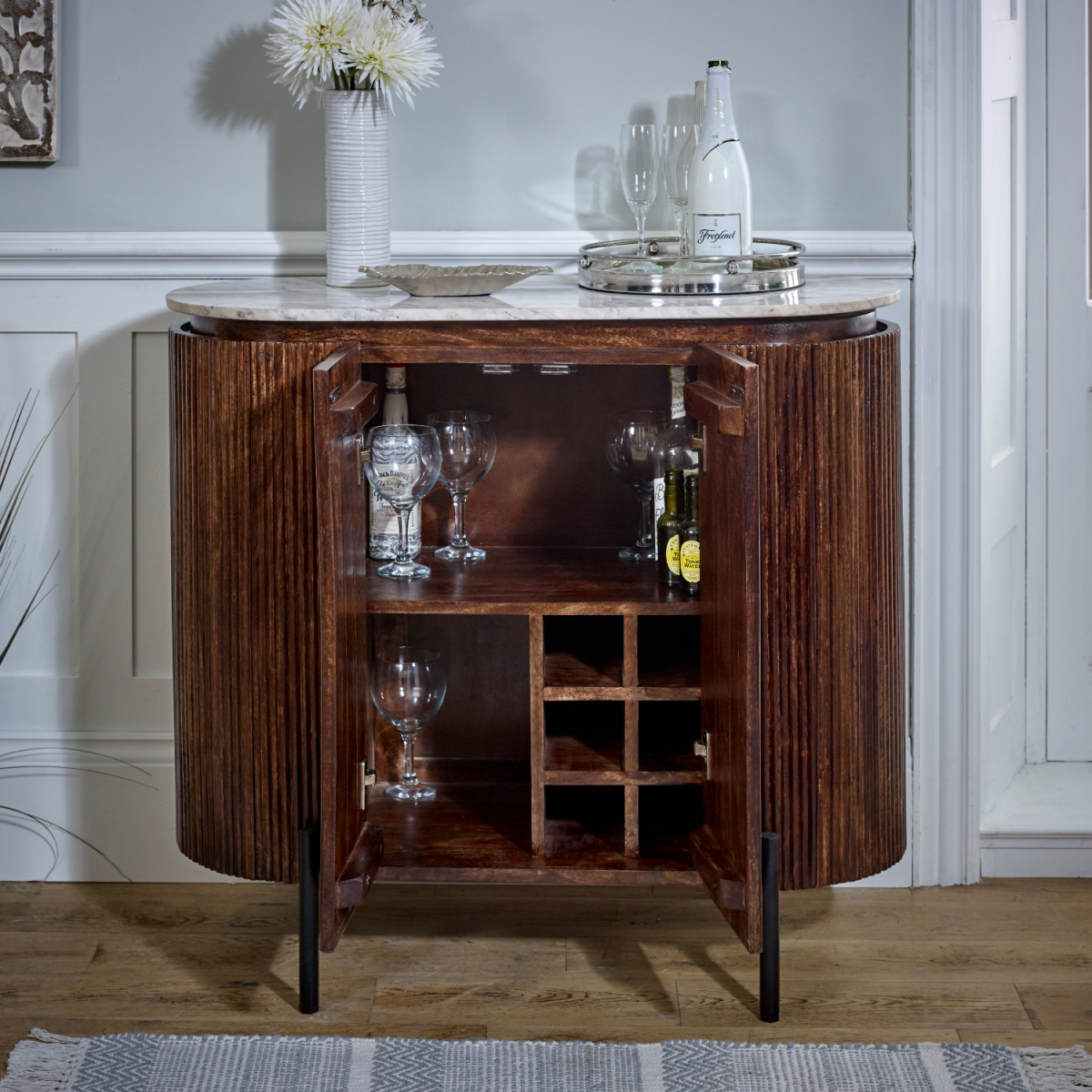 Opal Solid Wood Sideboard/Drinks Cabinet With Marble Top & Metal Legs - from Indian Hub