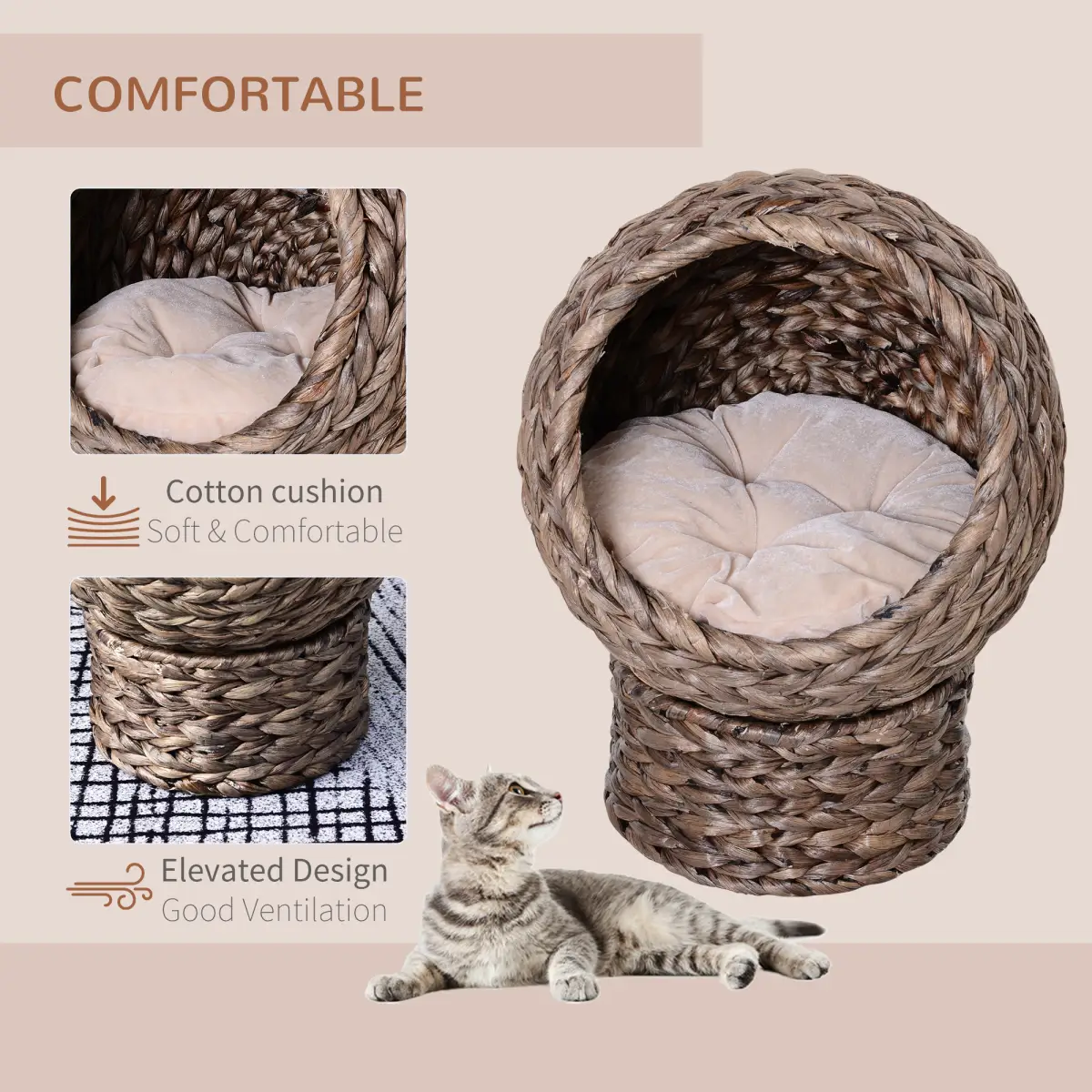 PawHut Wicker Cat House, Raised Cat Bed with Cylindrical Base, 42 x 33 x 52cm - Brown - Cat House