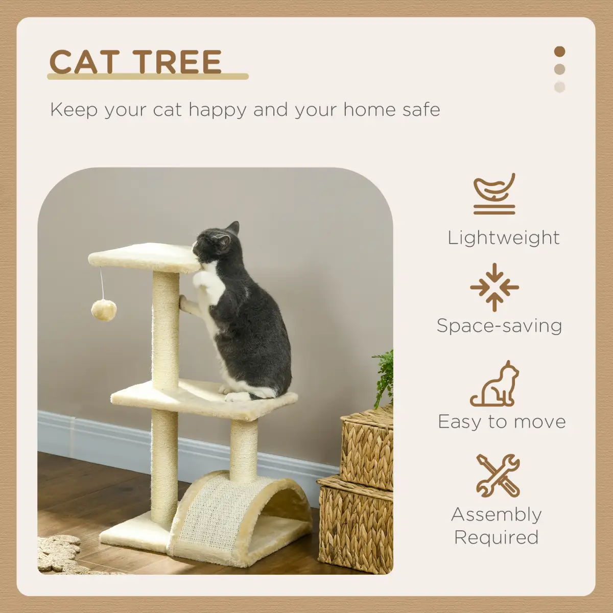 PawHut PawHut 72cm Cat Tree Climbing Tower with Sisal Scratching Post - Cream White - Cat Tree