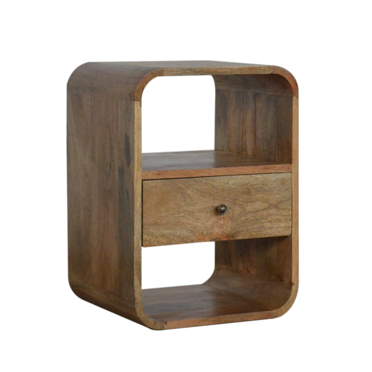 Artisan Furniture Artisan Furniture London Bedside Table Solid Mango Wood Oak Finish Brass Knob 1 Drawer 2 Open Shelves - Bedside Table