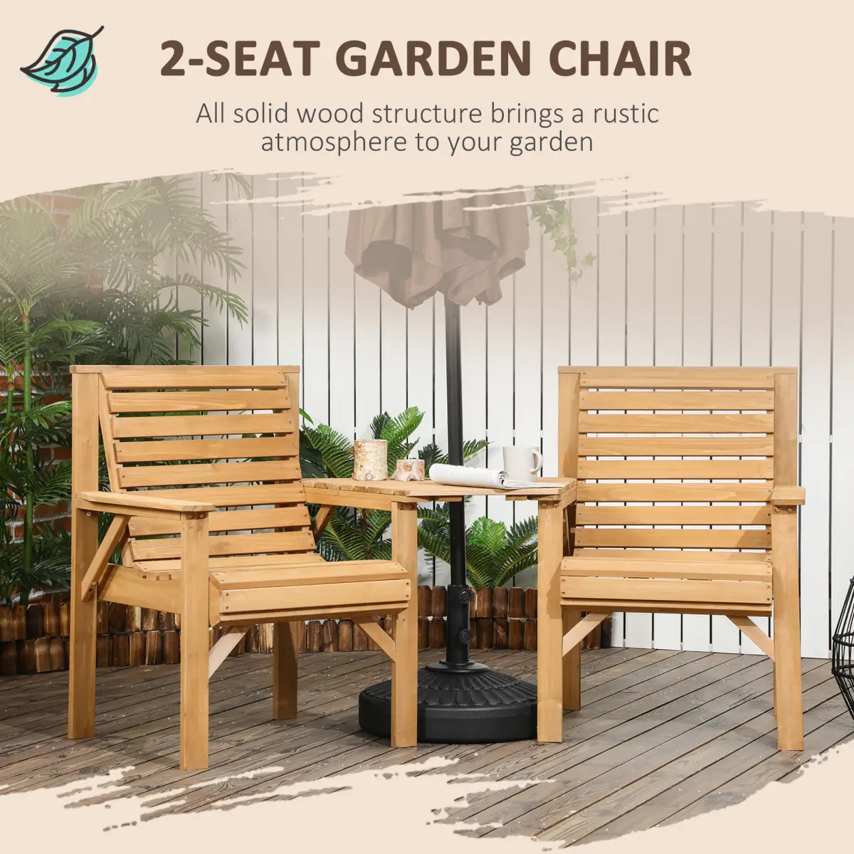 Outsunny Outsunny Wooden Garden Love Seat w/ Coffee Table Umbrella Hole Partner Bench - Garden Chairs