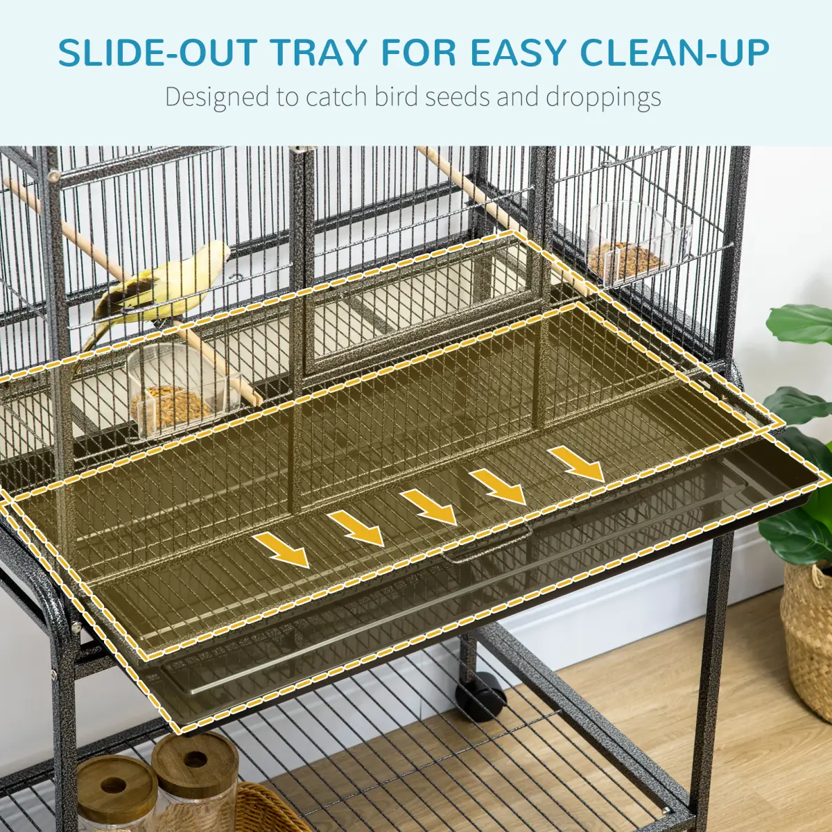 Pawhut Rolling Bird Cage w/ Detachable Stand, Storage Shelf, Wood Perch, Food Container - Bird Cage