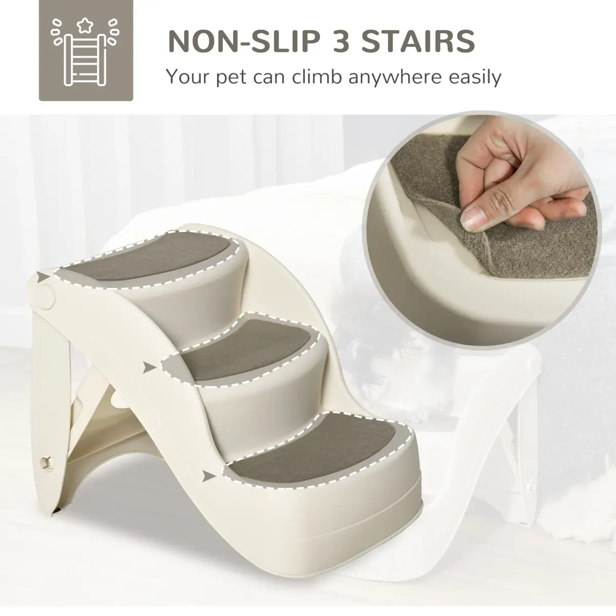 Pawhut Portable Dog Steps Non-slip Pet Stairs 3-Step Design for High Beds Sofas, Cream - Dog Steps