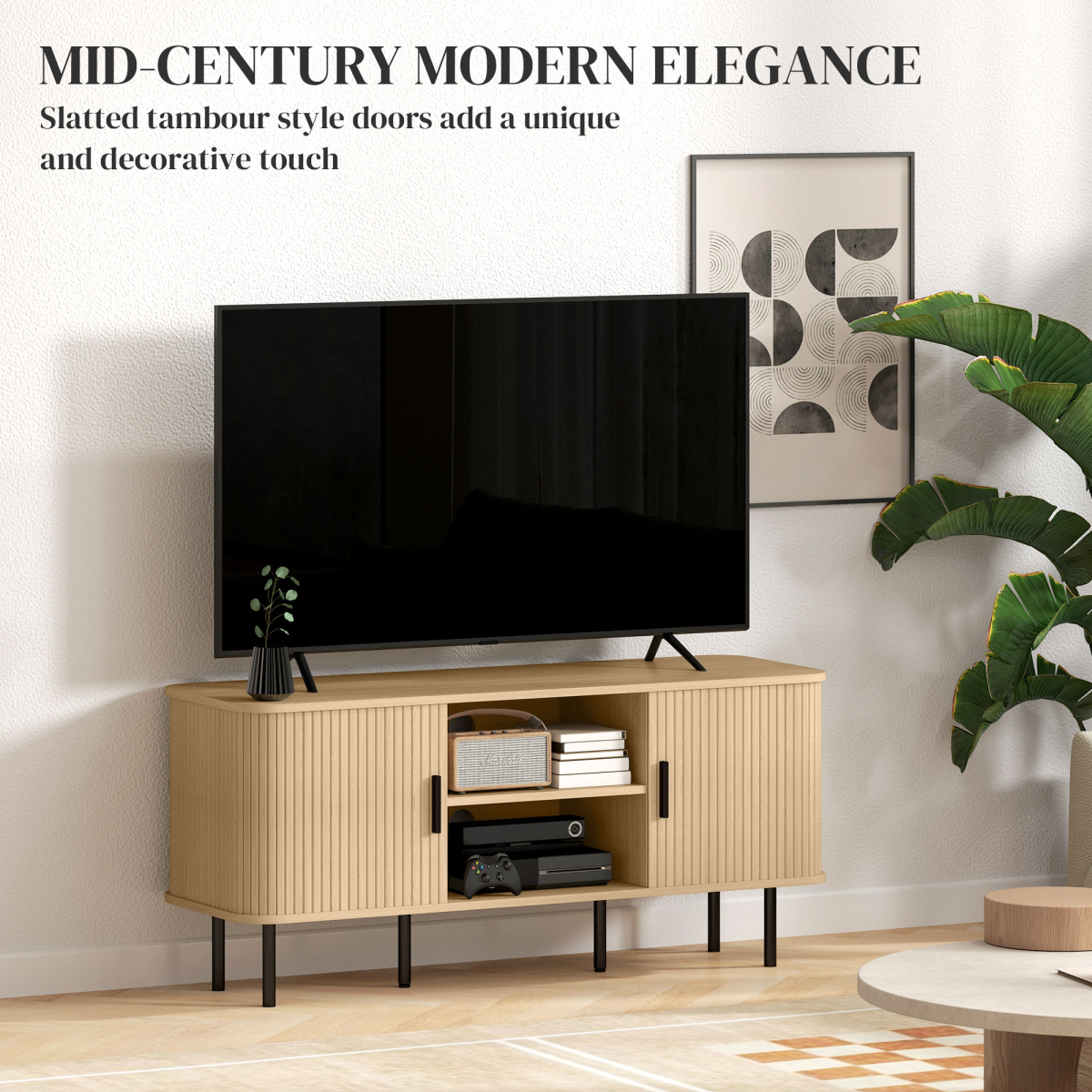 Living Room TV Unit With Oak Tone Finish HOMCOM Two Shelves Two Cupboards Cable Management Elevated Base