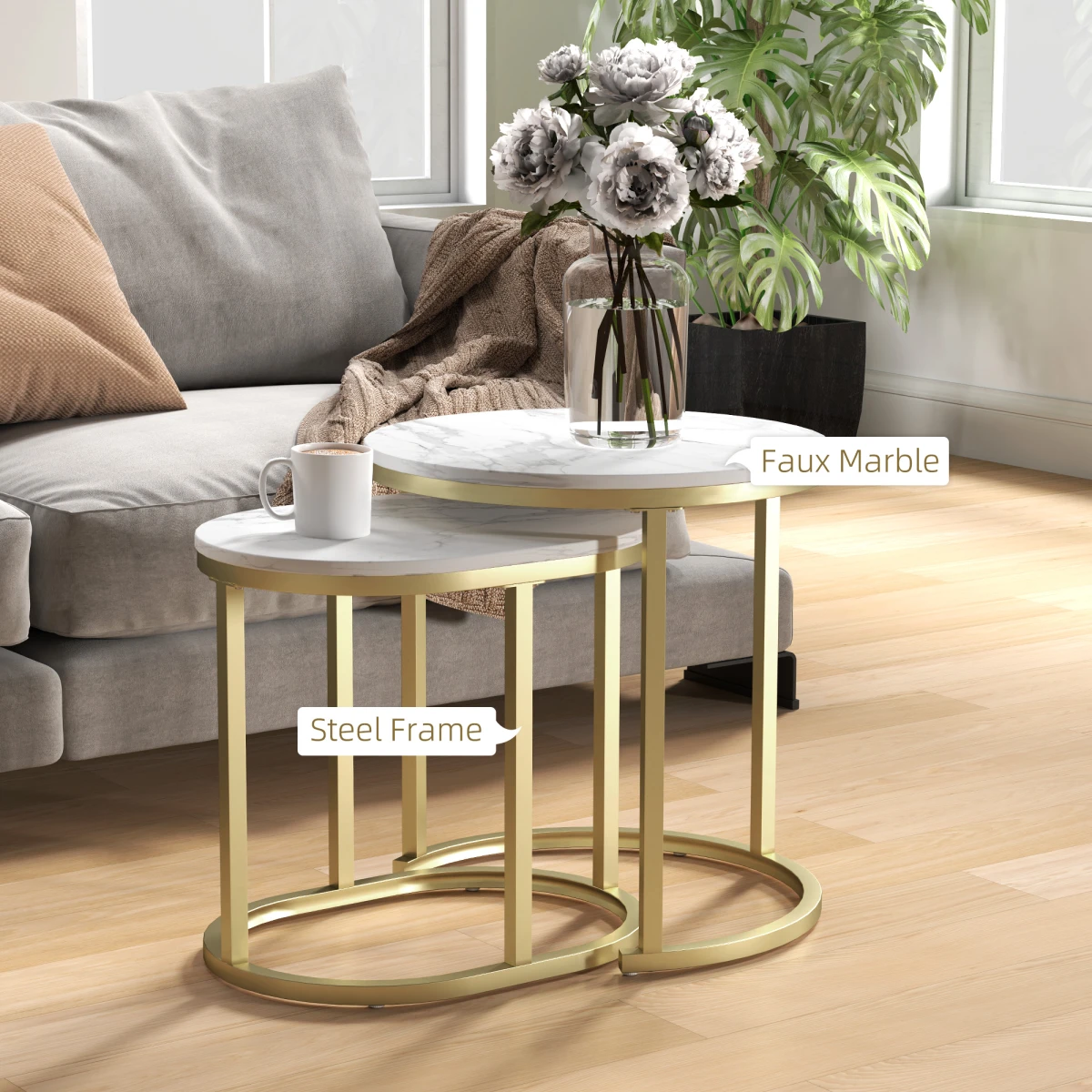 HOMCOM Elegant Side Tables RoundOblong Marble LivingArea - Nest of Tables