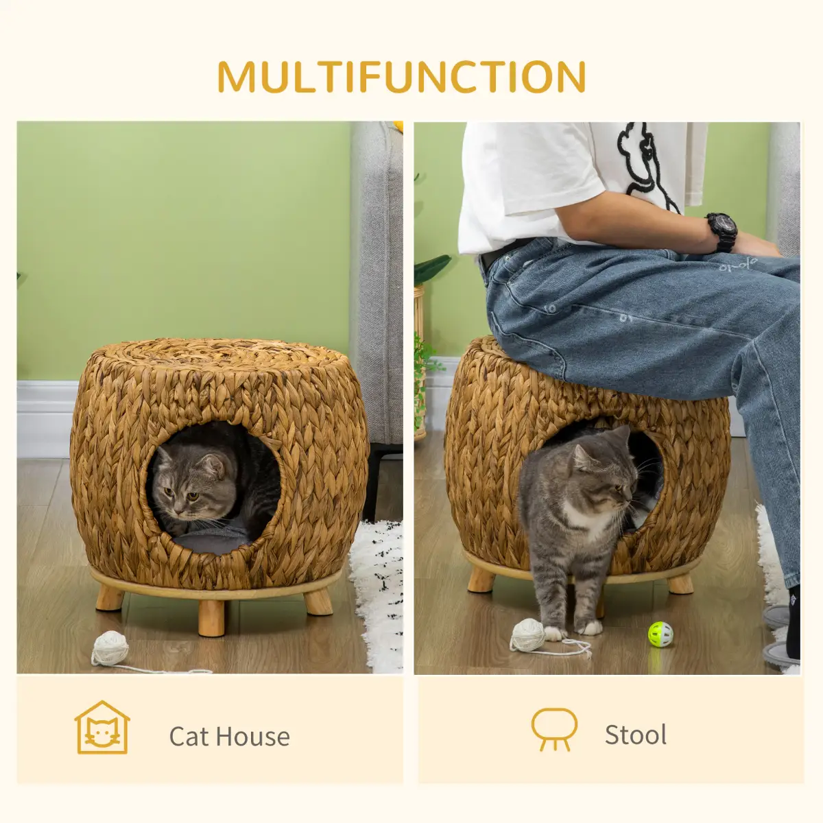 Unbranded Rattan Cat House Stool, Wicker Kitten Bed for Outdoors and Indoors w/ Cushion - Cat House